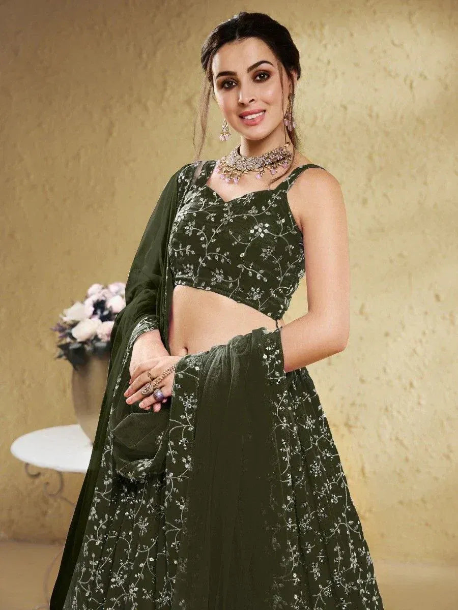 Olive green embroidered lehenga choli with floral detailing, perfect for Indian ethnic wear occasions