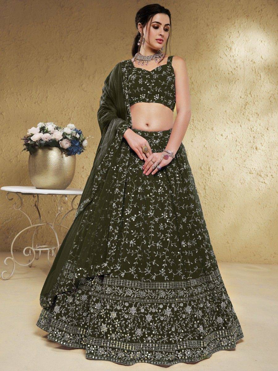 Olive green embroidered lehenga choli with floral motifs, perfect for Indian ethnic wear occasions