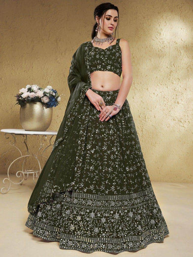 Astonishing Green Embroidered Georgette Mehendi Wear Lehenga Choli