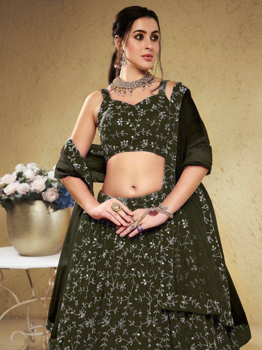 Olive green embroidered lehenga choli with floral thread work, perfect for Indian ethnic wear occasions