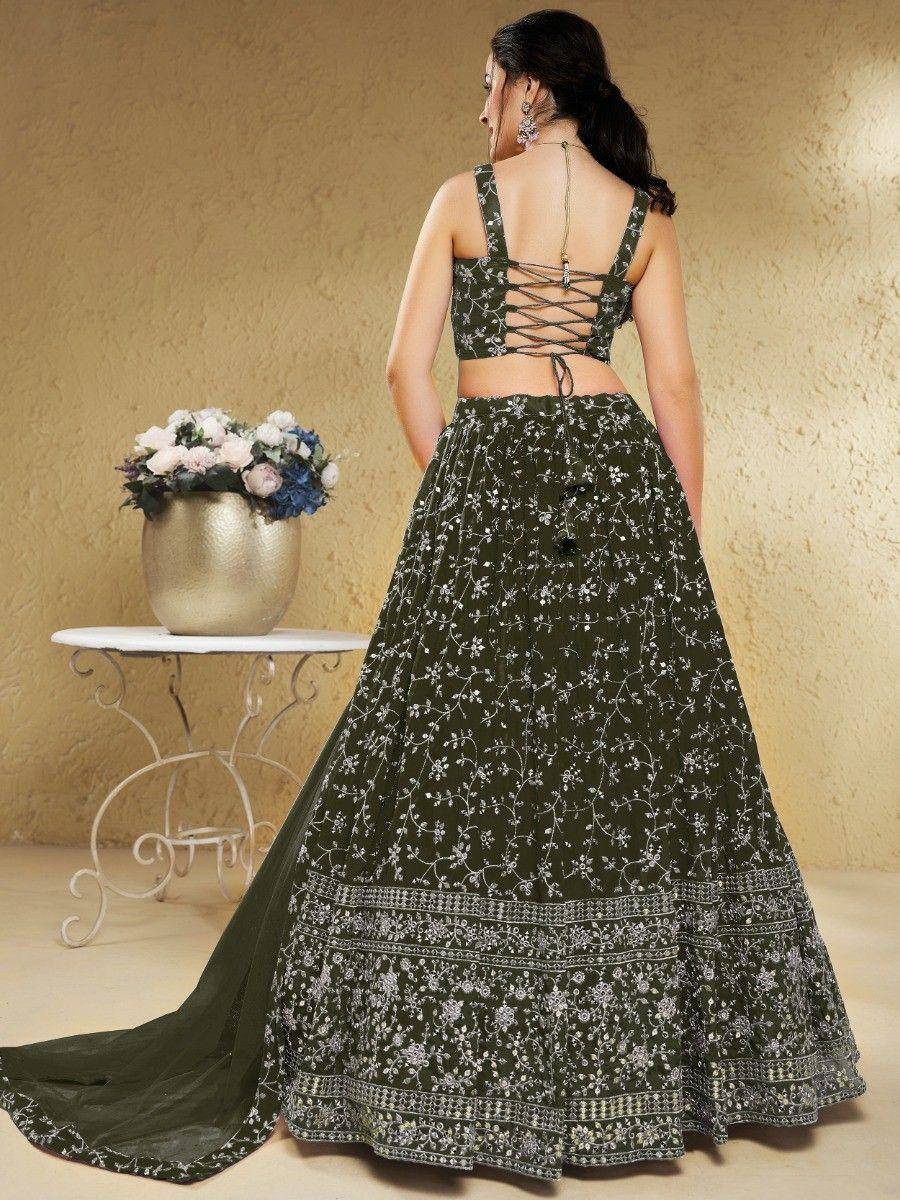 Olive green embroidered lehenga choli with lace-up back, floral motifs, and train for Indian ethnic wear
