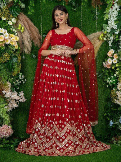 Alluring Red Sequins Georgette Lehenga Choli With Attached Dupatta