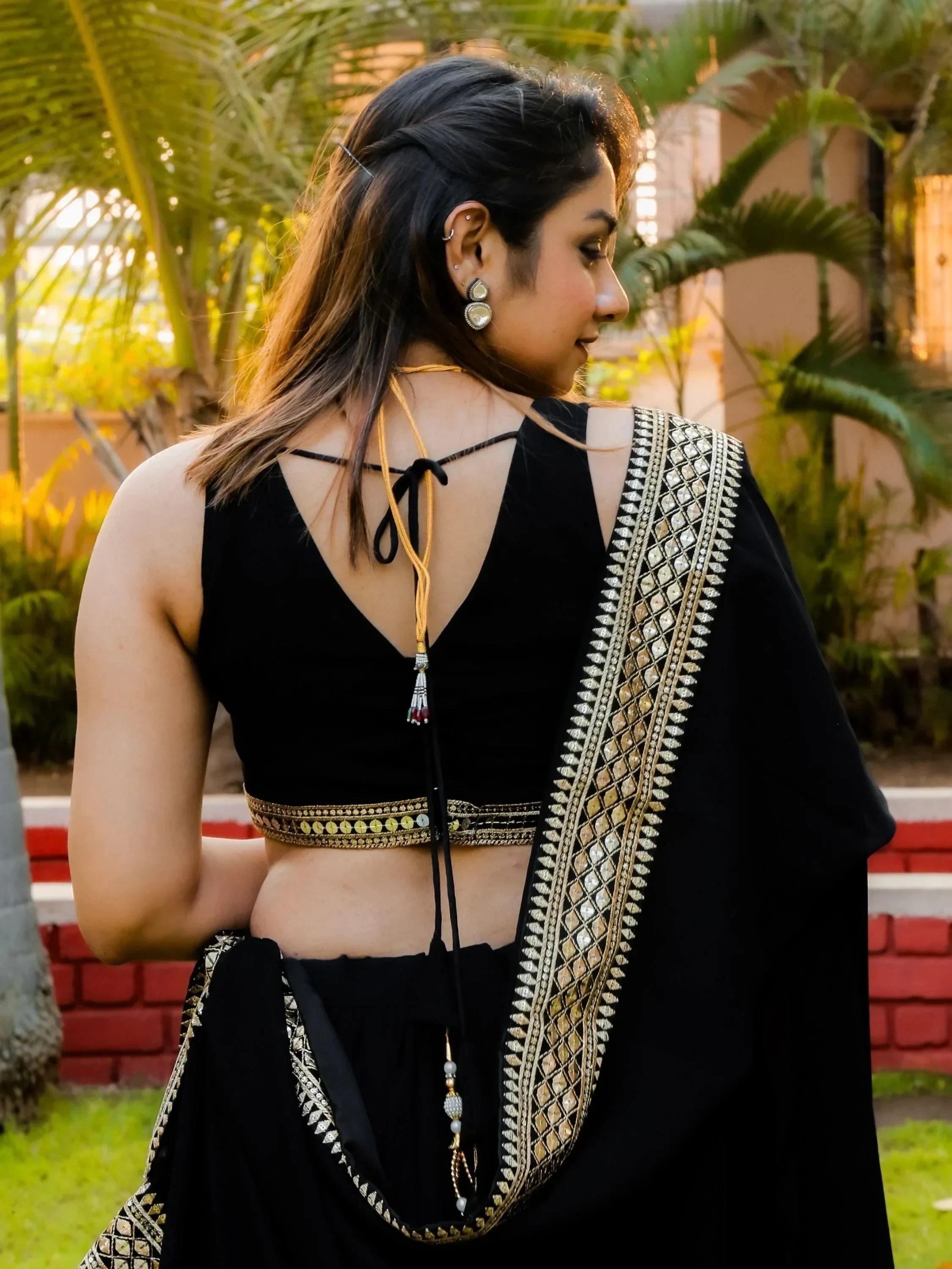 Black velvet ethnic crop top with gold mirror work, back tie detail, and matching dupatta for Indian wear