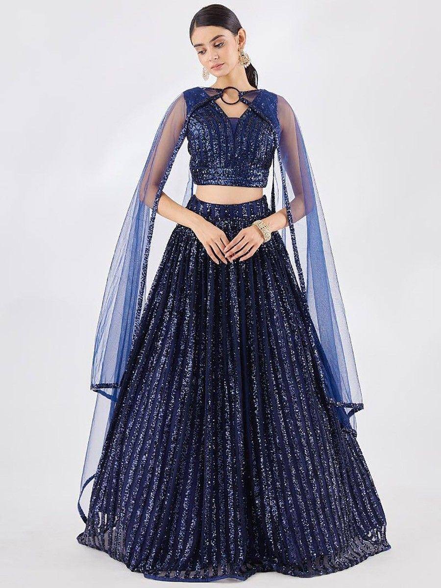 Navy blue sequined lehenga choli with sheer cape, Indian ethnic wear for weddings and parties