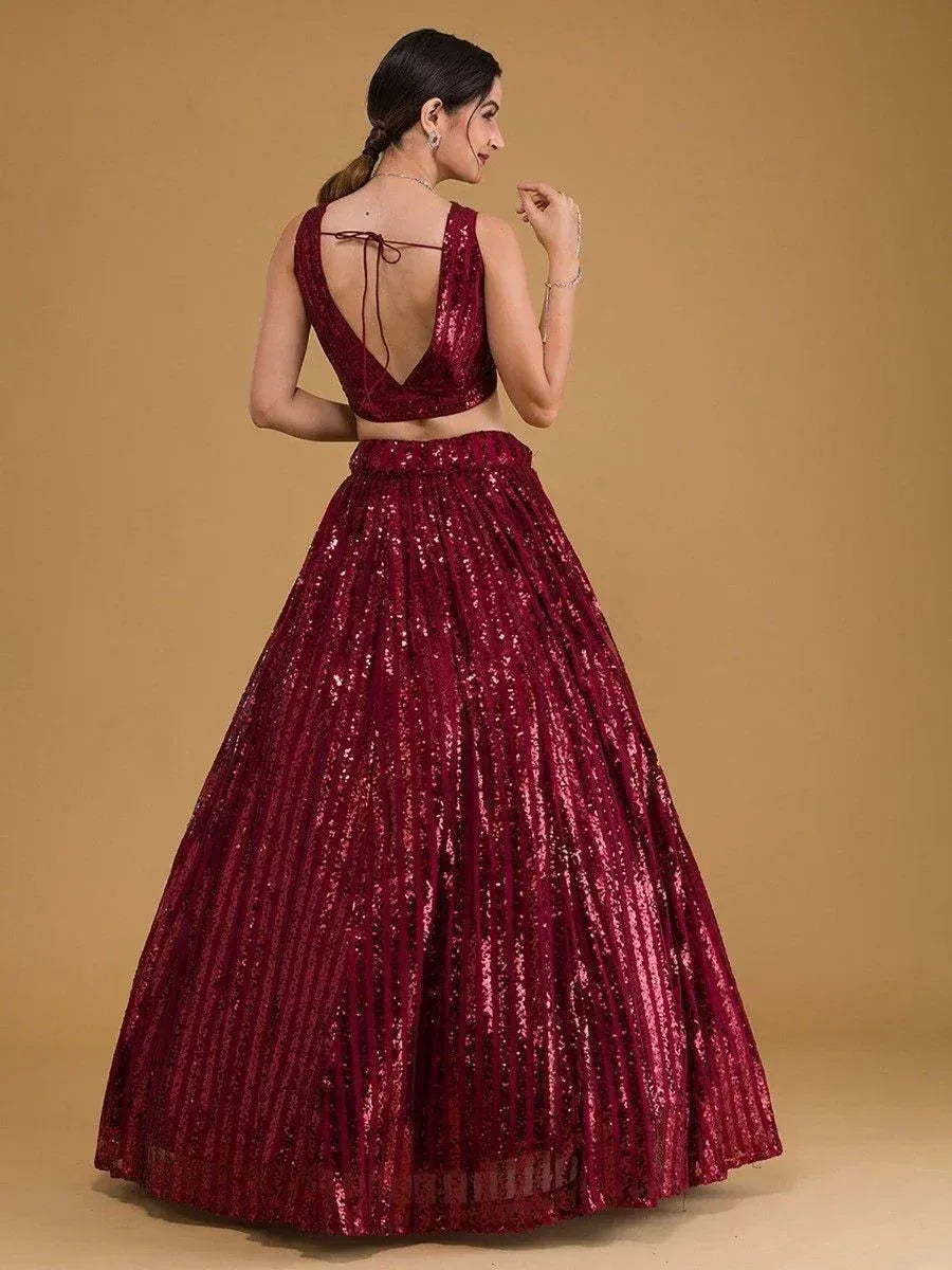 Burgundy sequin lehenga choli with back tie detail, ethnic wear for weddings and parties