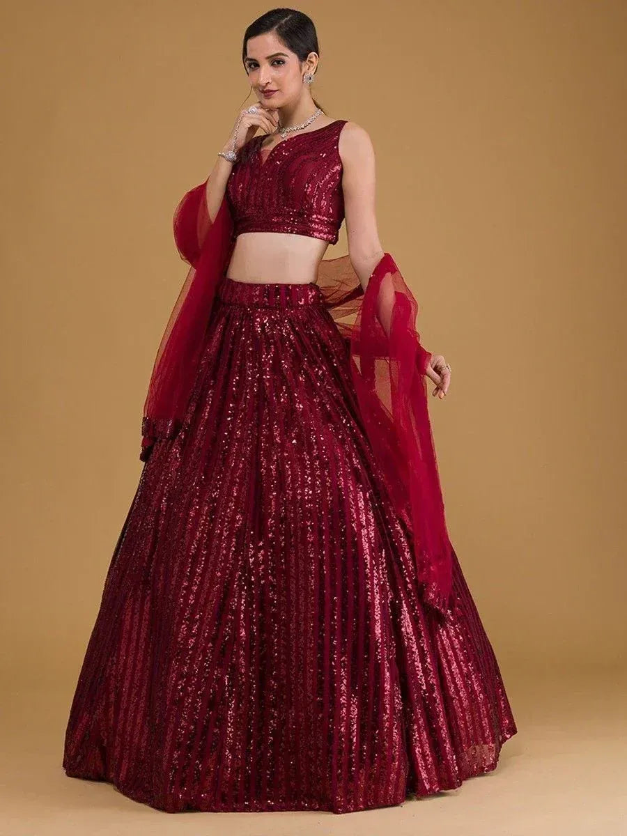 Burgundy sequin lehenga choli with sheer dupatta, Indian ethnic wear for weddings and parties
