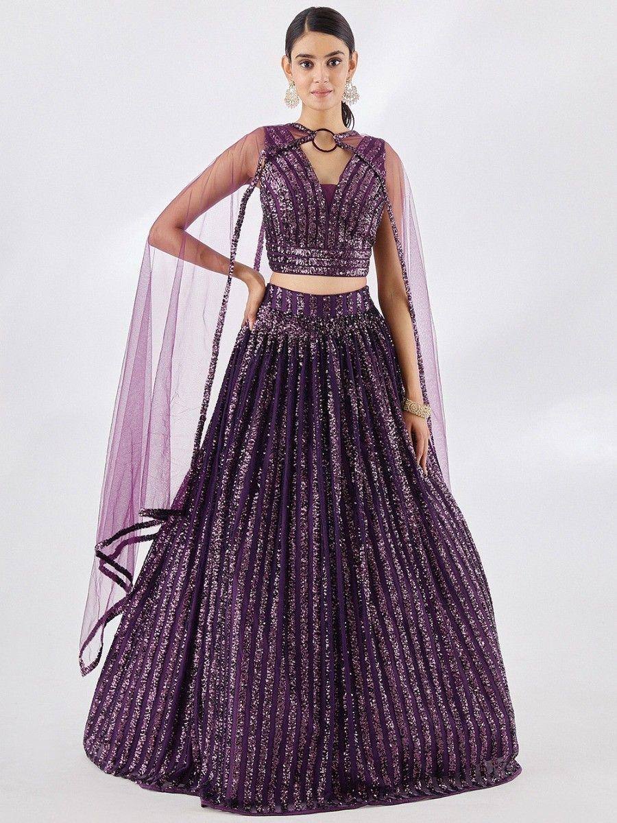 Purple sequin lehenga choli with sheer cape, ethnic Indian designer wear for weddings and parties