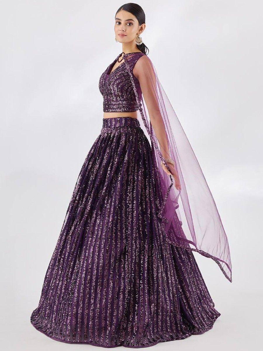 Purple sequin lehenga choli with sheer dupatta, ethnic Indian party wear outfit