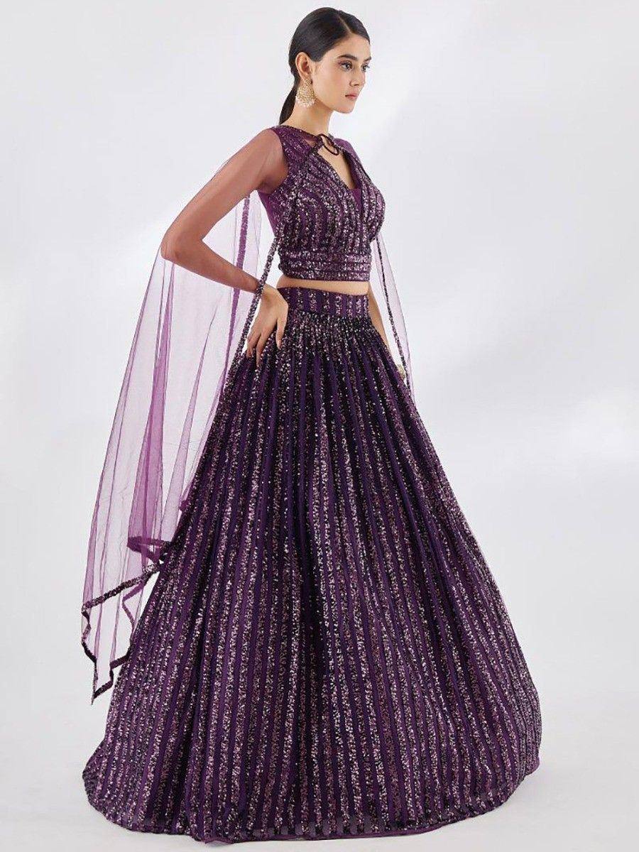 Purple sequin lehenga choli with sheer cape, ethnic Indian party wear outfit