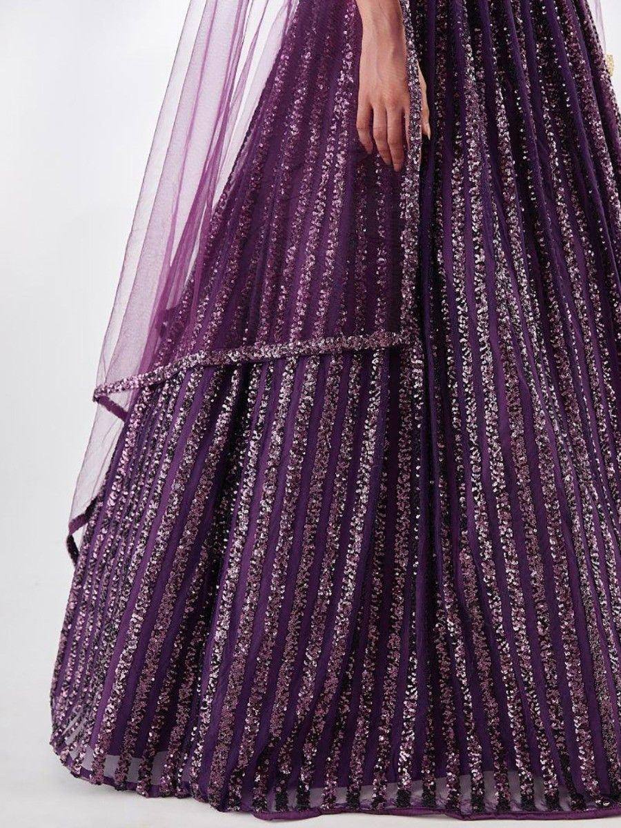 Purple sequin lehenga choli with sheer dupatta, Indian ethnic wear for weddings and parties