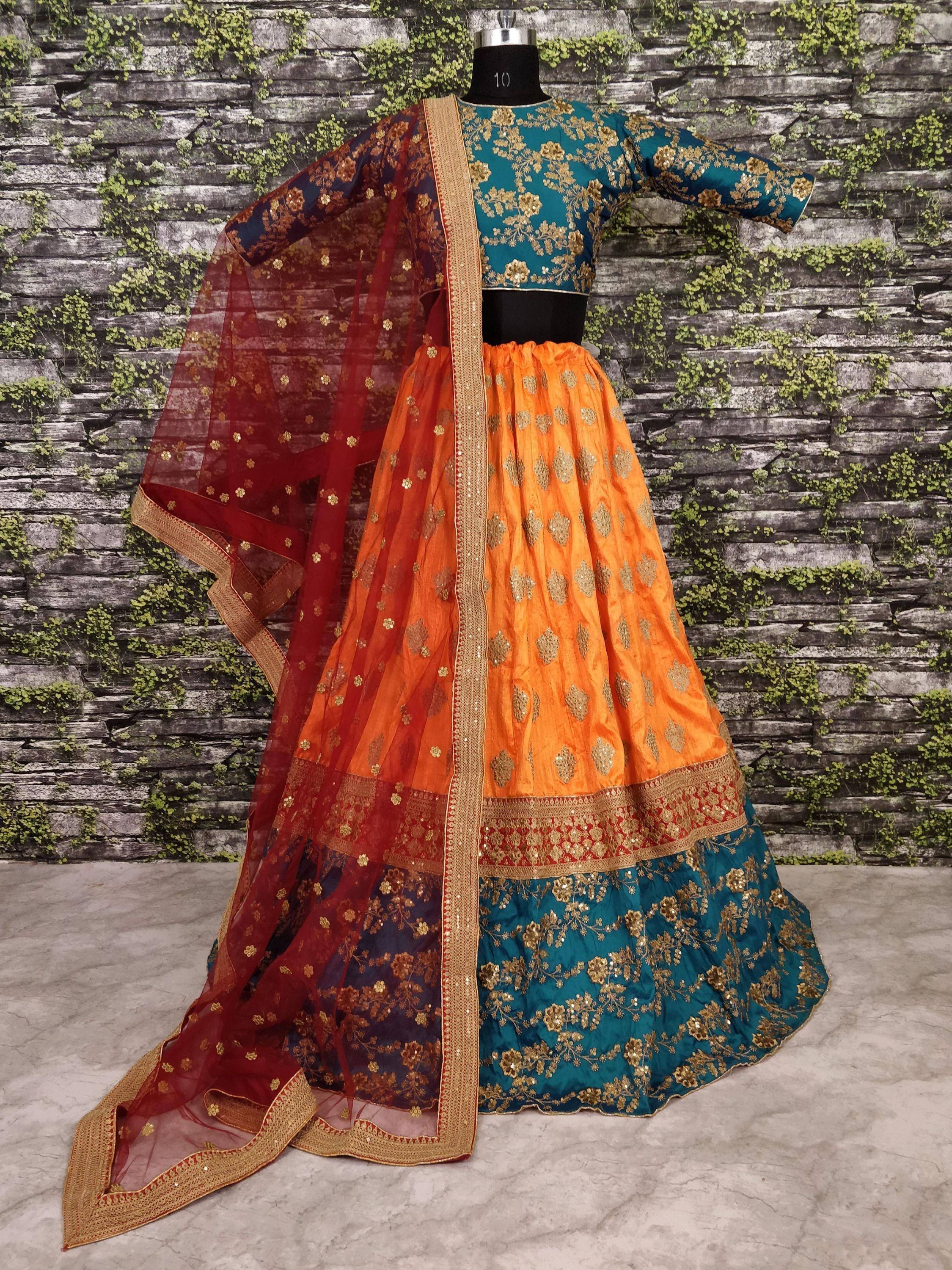 Teal and orange embroidered lehenga choli with red dupatta, Indian ethnic wear for weddings and festivals