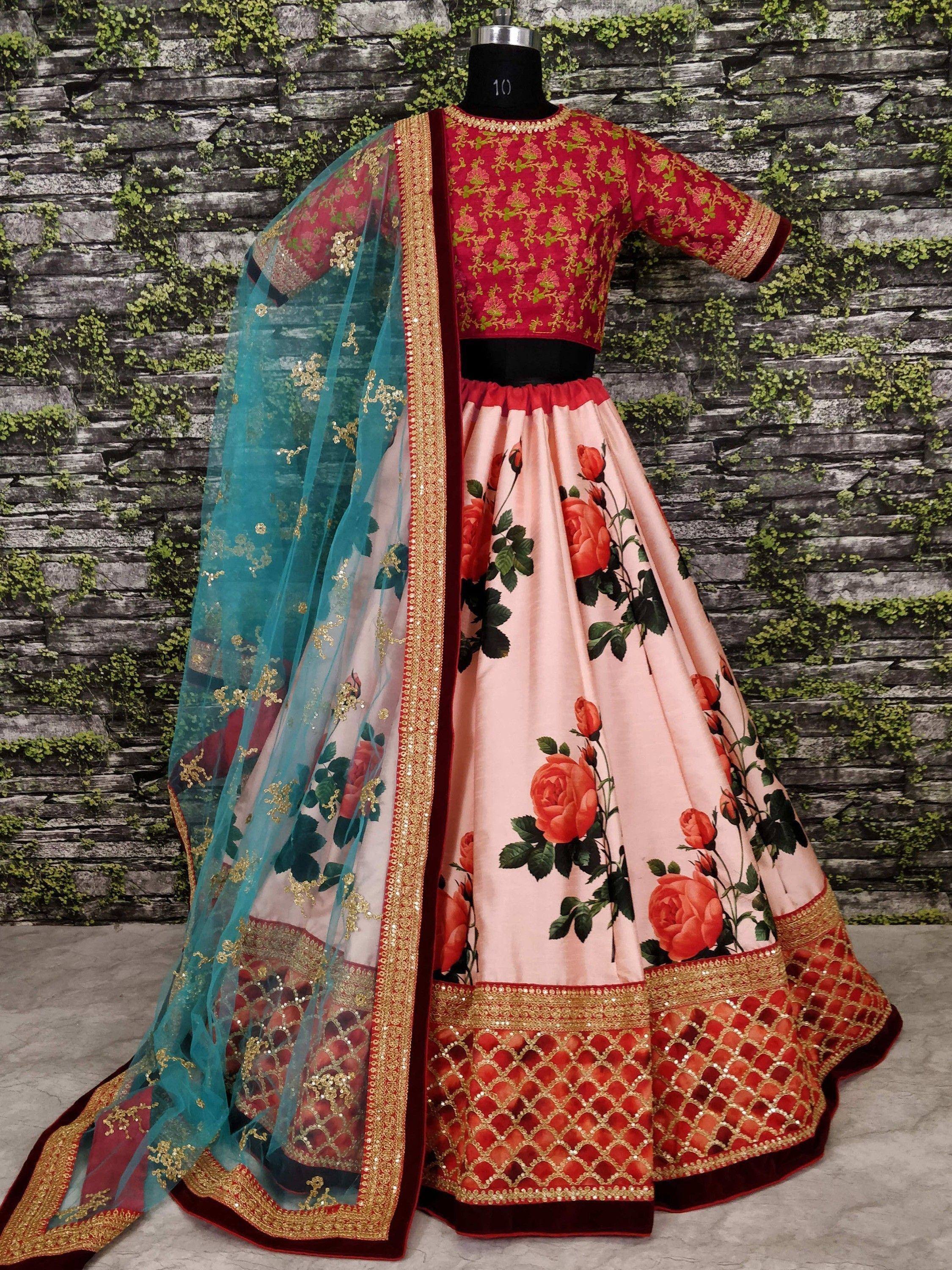 Pink floral lehenga choli with red blouse and turquoise dupatta, Indian ethnic wear