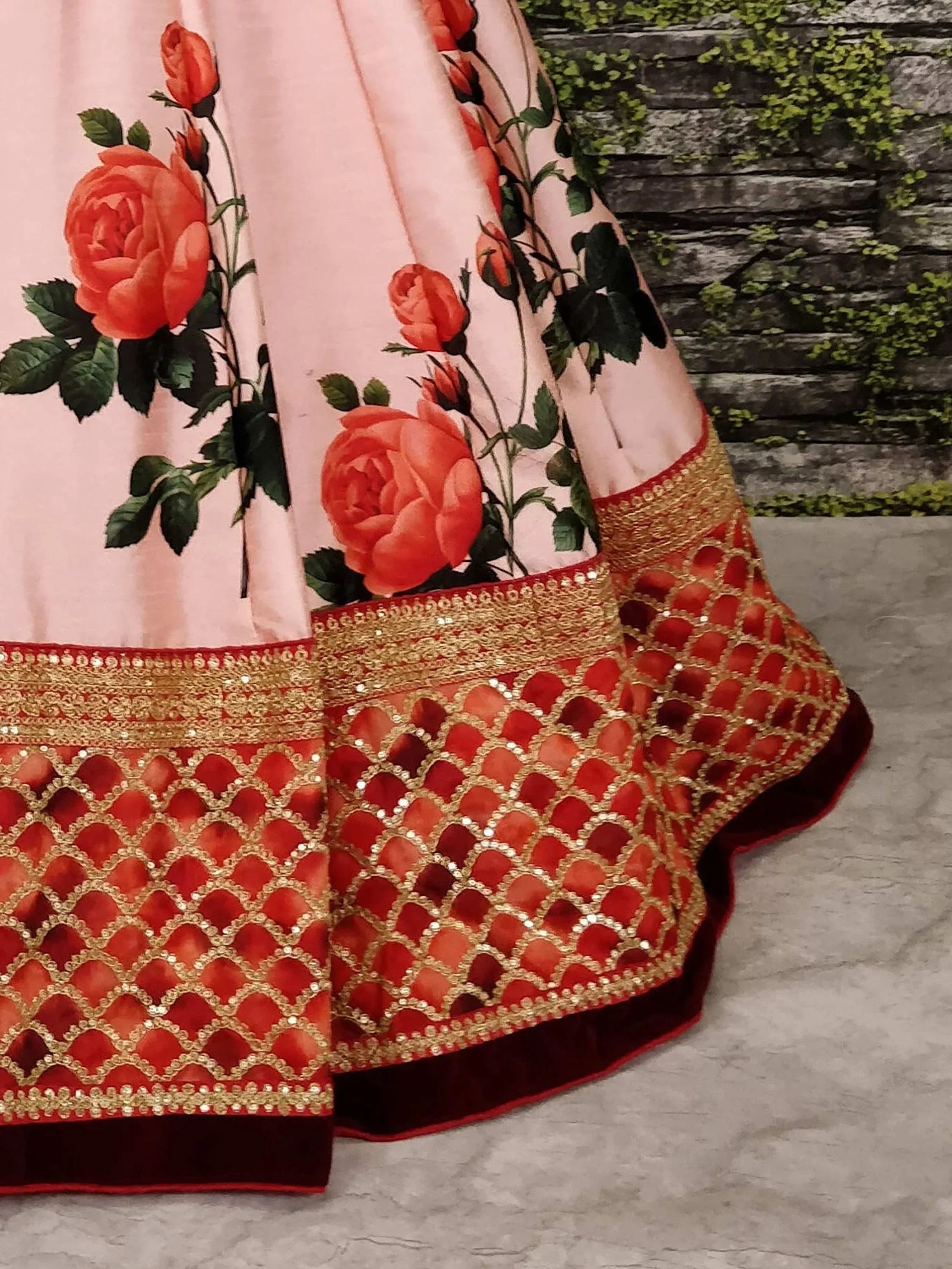 Pink lehenga with red rose print and gold sequin border, Indian ethnic wear