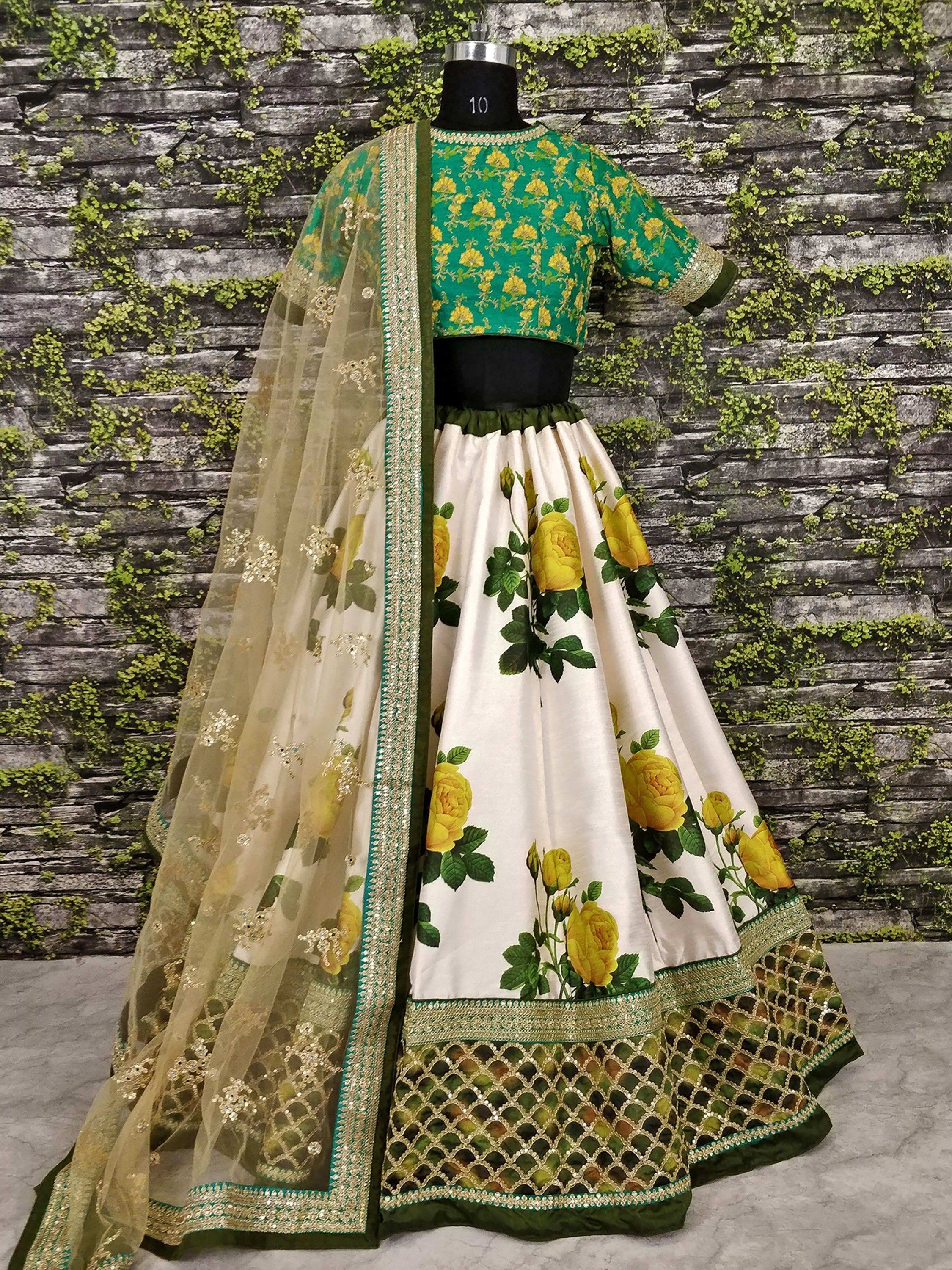 Green and cream floral lehenga choli with embroidered dupatta, Indian ethnic wear for women