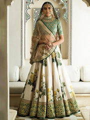 Off White-Yellow Rose Floral Print Silk Lehenga Choli