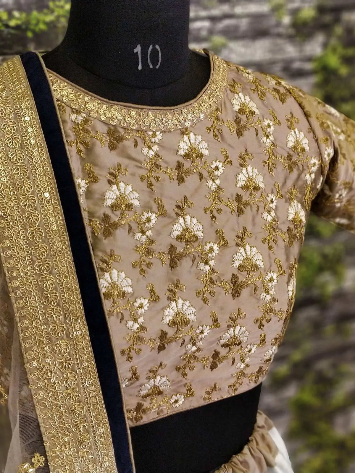 Beige and gold floral embroidered Indian ethnic blouse with velvet trim, displayed on mannequin
