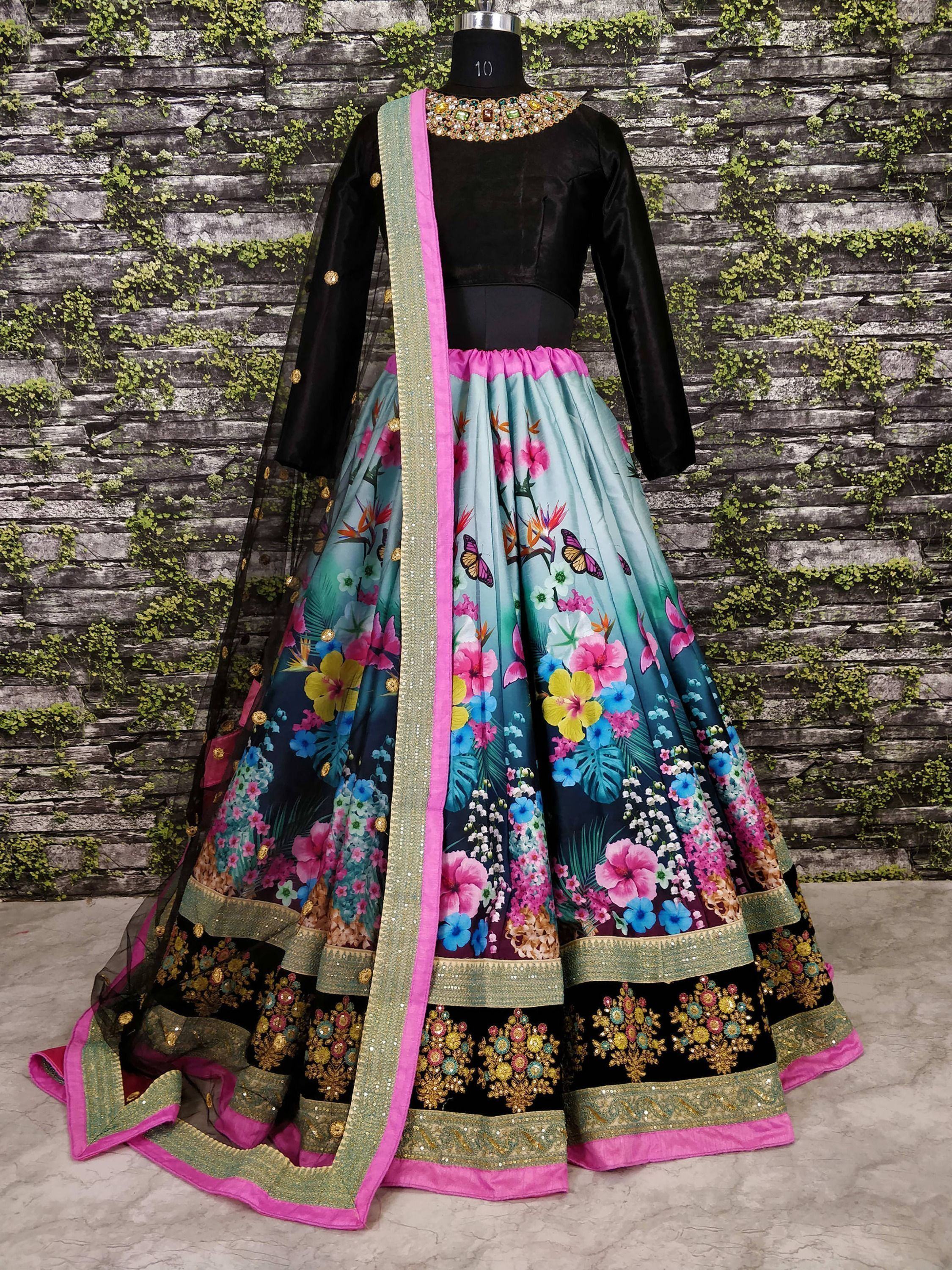Black velvet top with floral print lehenga, pink border, and embroidered dupatta for Indian ethnic wear