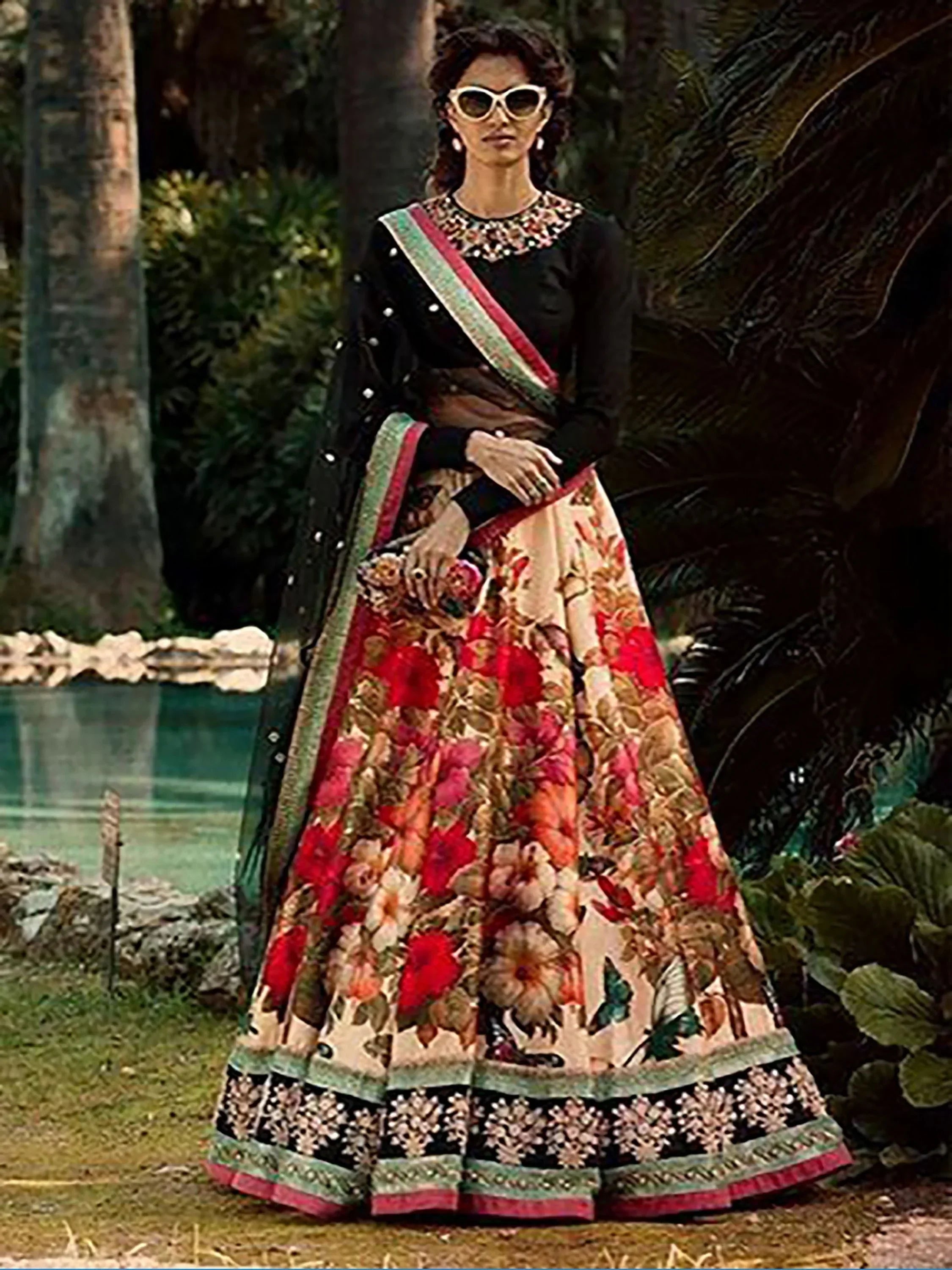 Floral printed lehenga choli with black blouse and dupatta, perfect for Indian ethnic wear