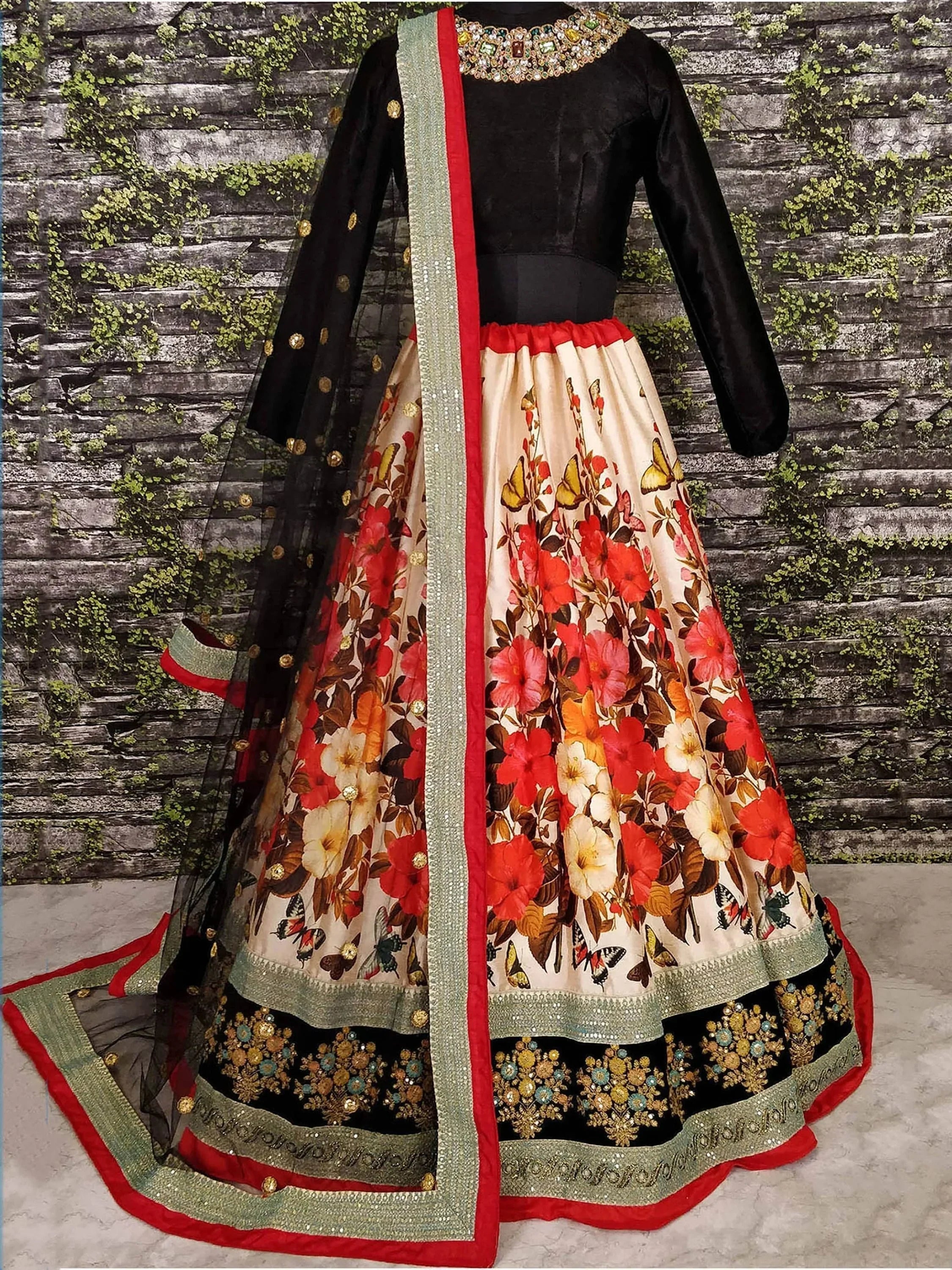 Black velvet top with floral print lehenga, embroidered border, and sheer dupatta for Indian ethnic wear