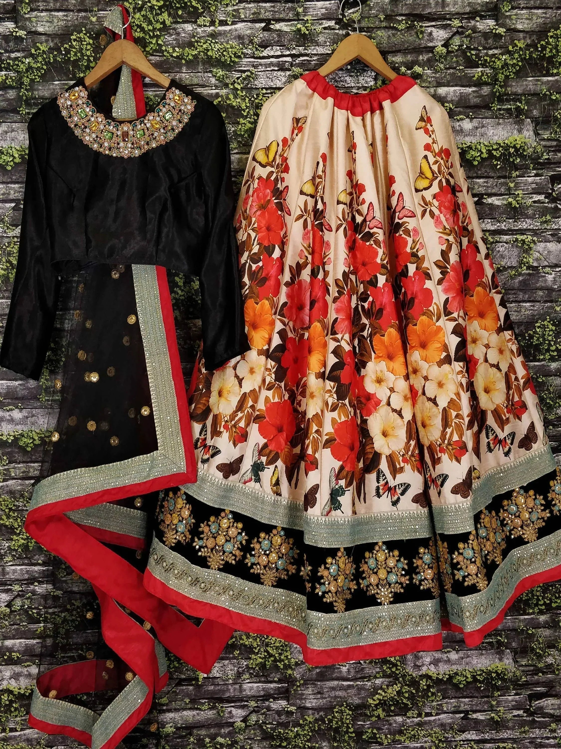 Floral butterfly print lehenga choli with black velvet blouse and embroidered dupatta, Indian ethnic wear