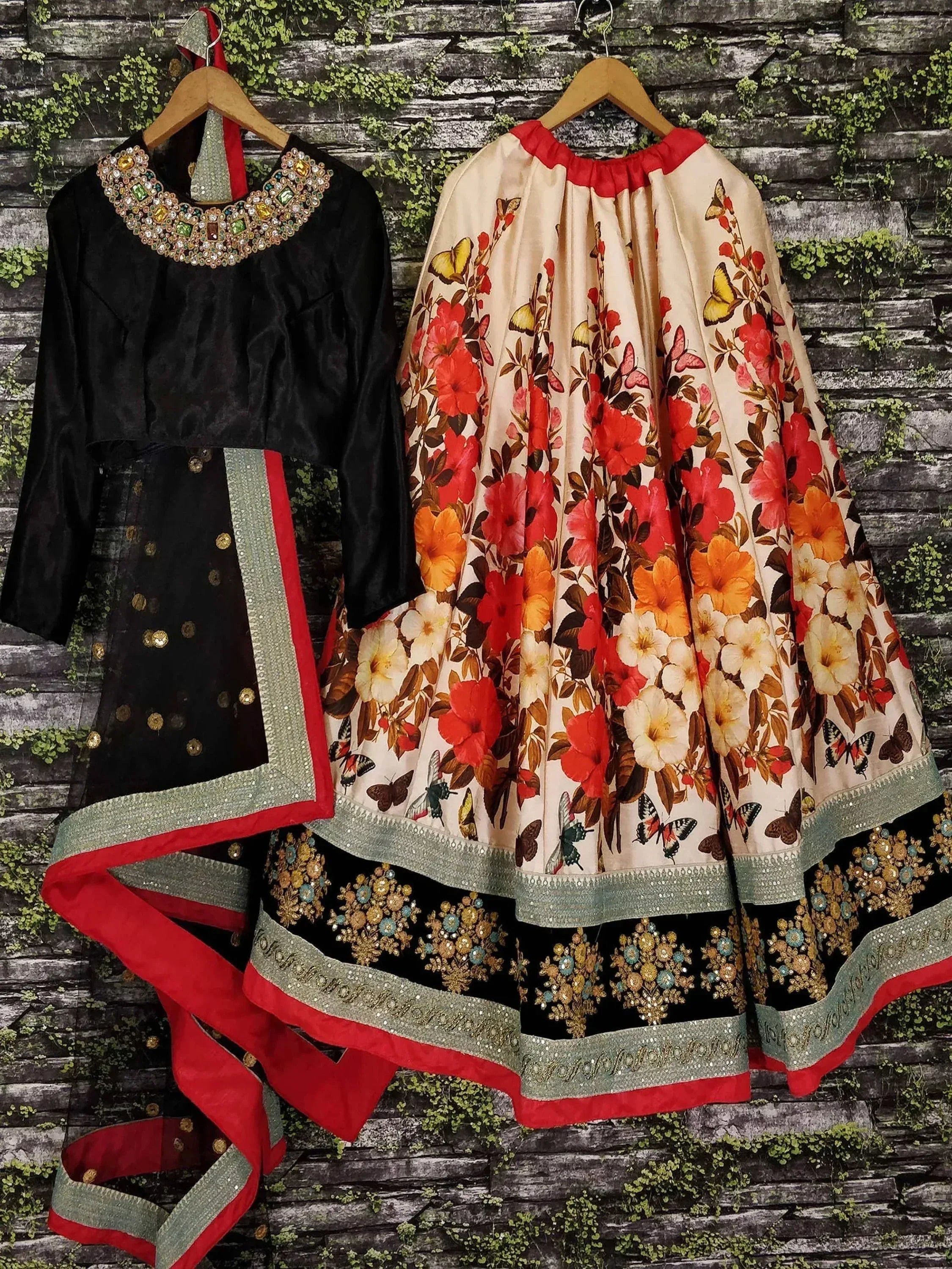 Floral butterfly print lehenga choli with black velvet blouse and embroidered dupatta, Indian ethnic wear