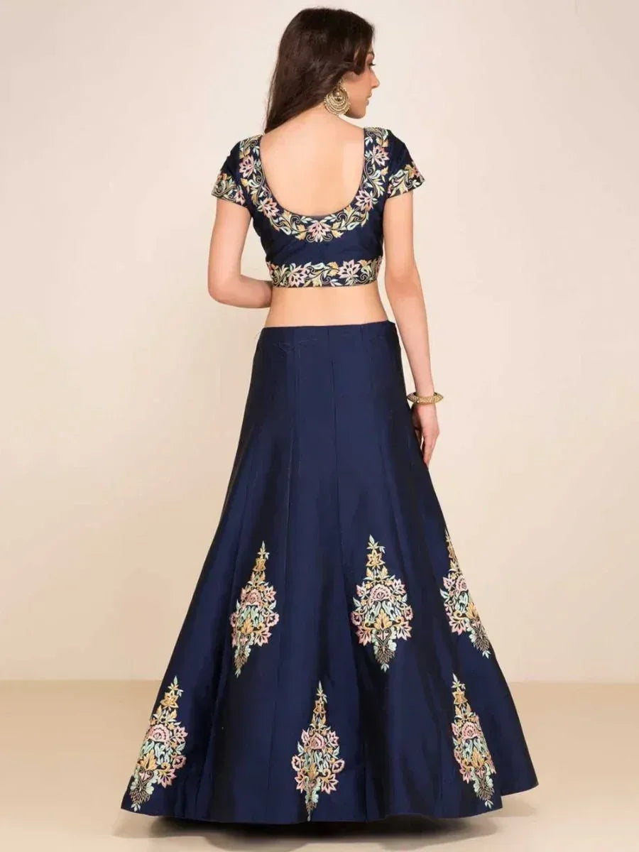 Navy blue lehenga choli with floral embroidery, back view, ethnic wear for women