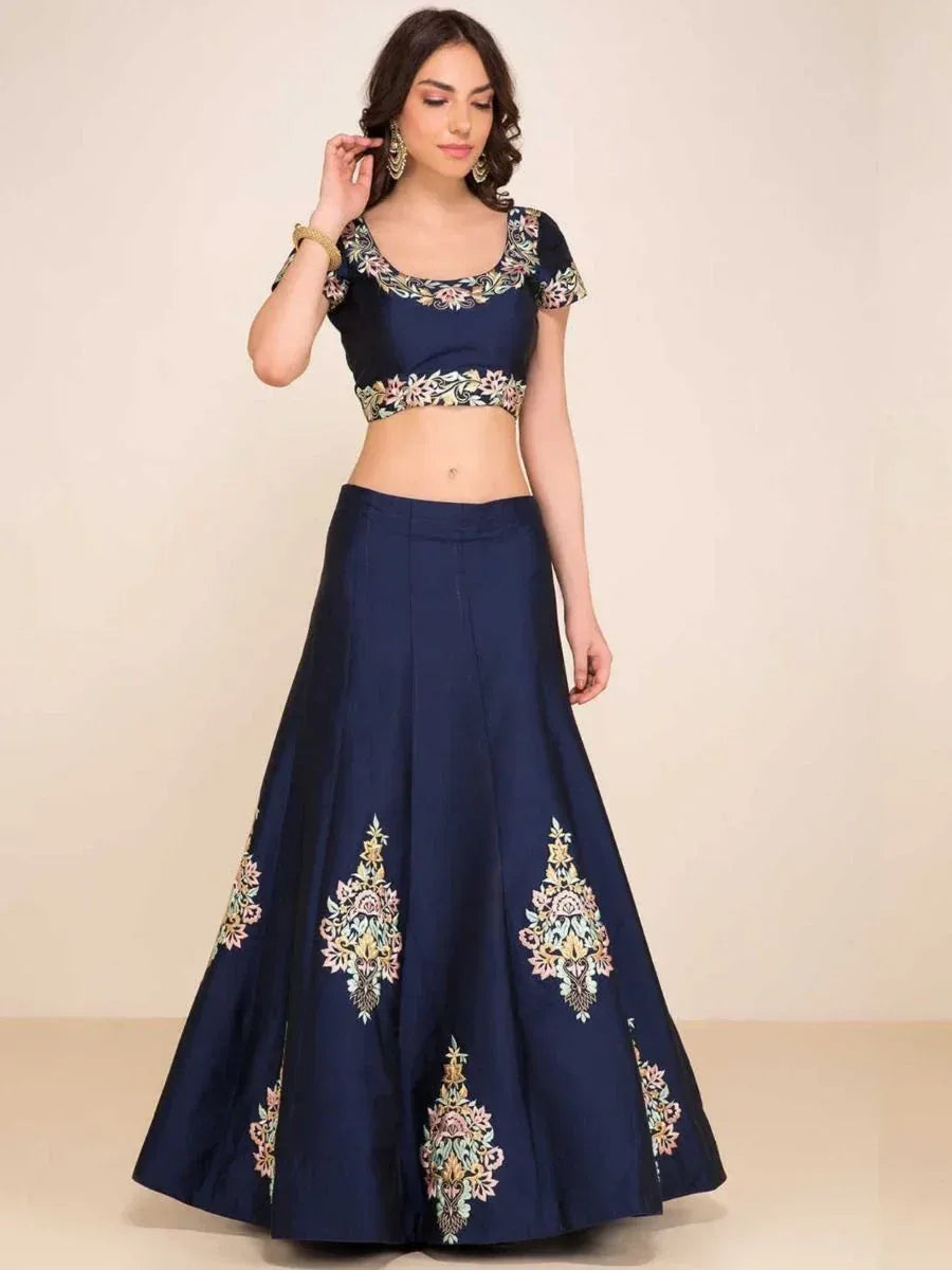 Navy blue embroidered lehenga choli with floral motifs, perfect for Indian ethnic occasions