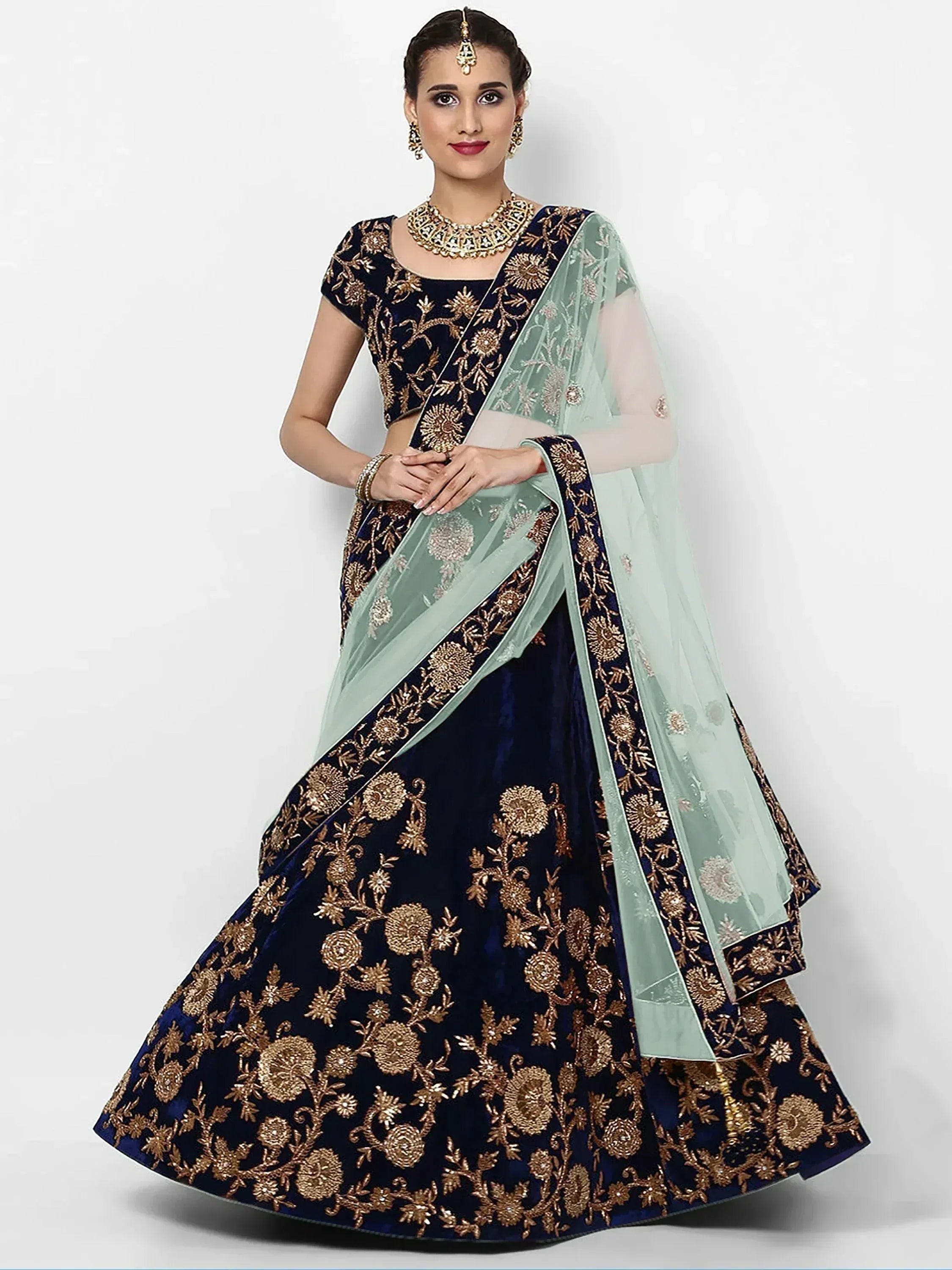 Navy blue velvet lehenga choli with gold embroidery and mint green dupatta, Indian ethnic wear