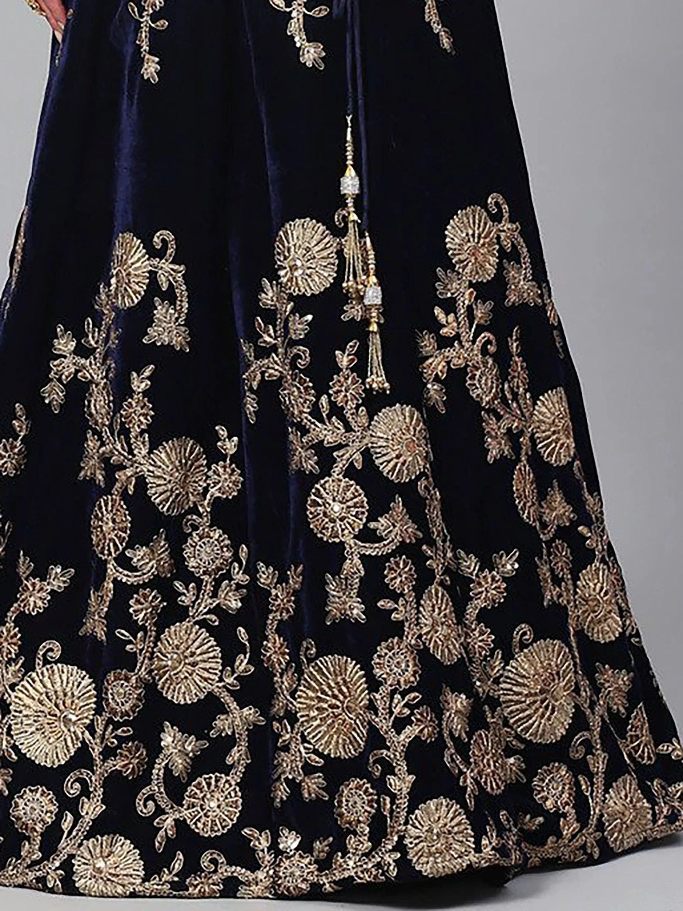 Navy Blue Embroidered Velvet Bridal Lehenga Choli With Sky Blue Dupatta