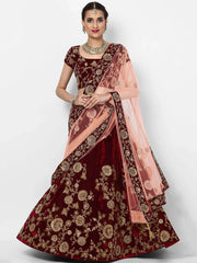 Maroon Embroidered Velvet Bridal Lehenga Choli With Light Peach Dupatta
