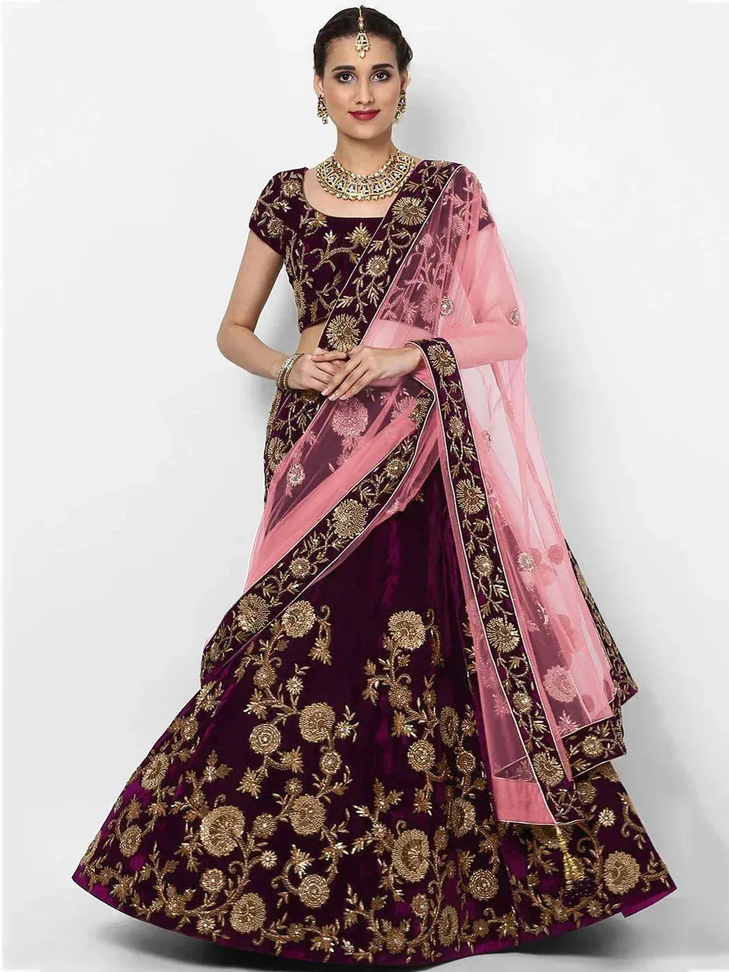 Purple velvet lehenga choli with gold embroidery and pink dupatta, Indian ethnic wear