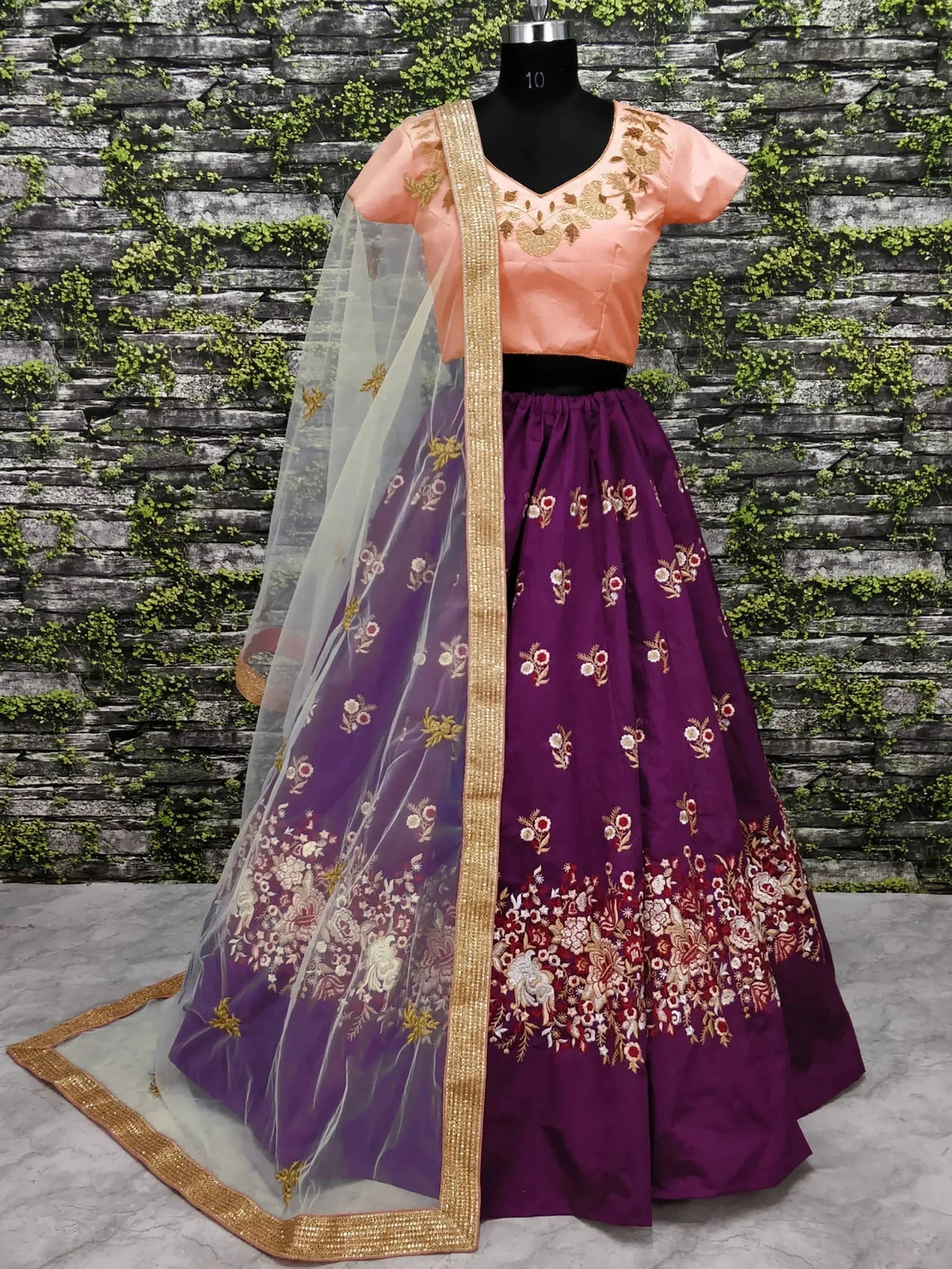 Peach blouse with purple floral lehenga and sheer dupatta, Indian ethnic wear