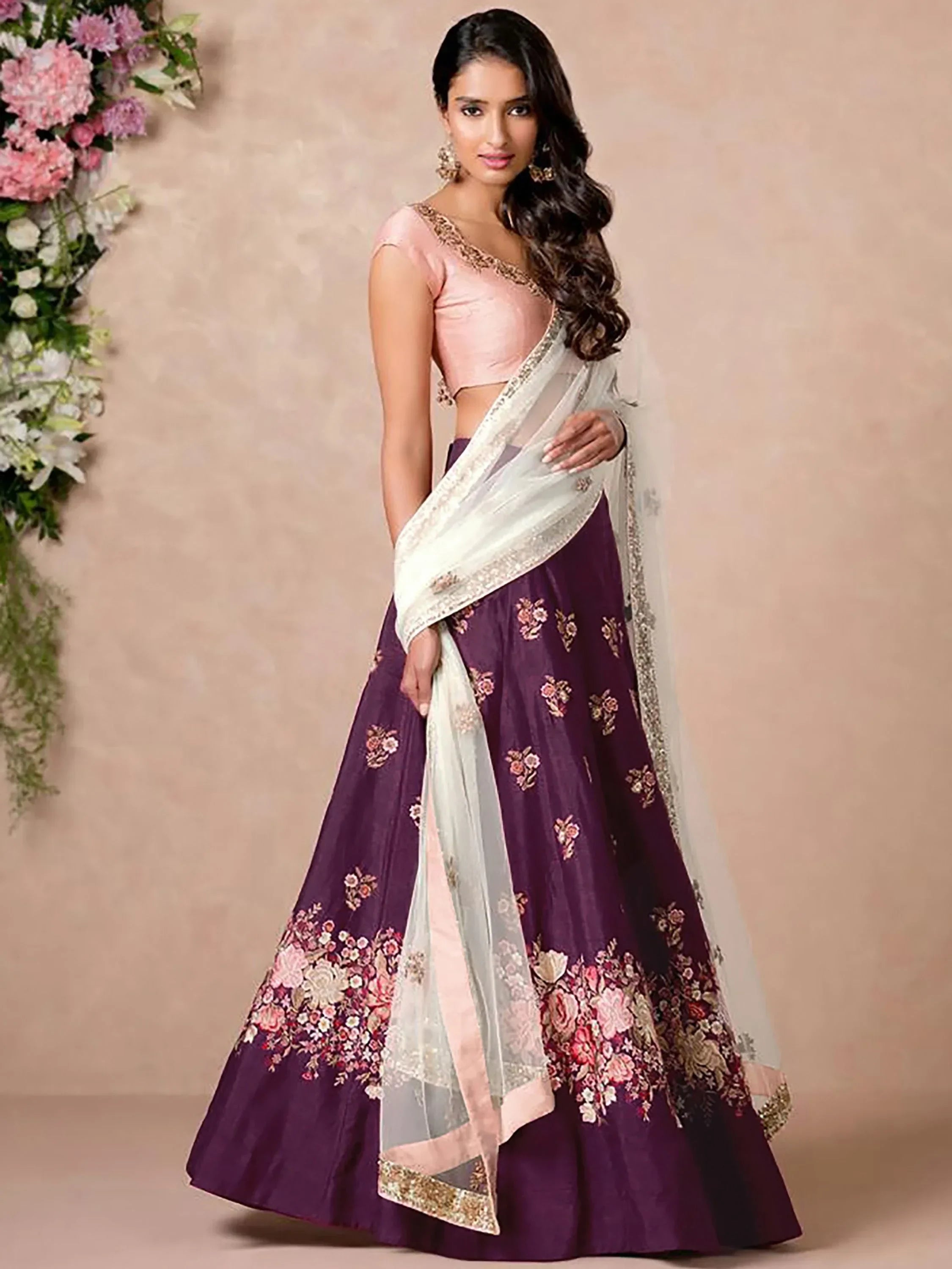 Purple floral lehenga choli with pink blouse and sheer dupatta, Indian ethnic wear for weddings