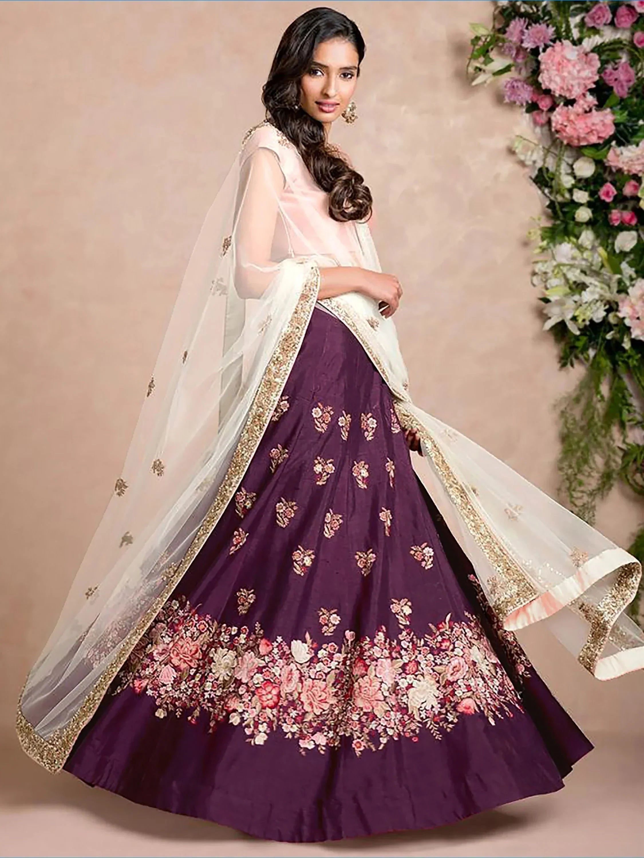 Purple floral embroidered lehenga choli with sheer dupatta, Indian ethnic wear for weddings