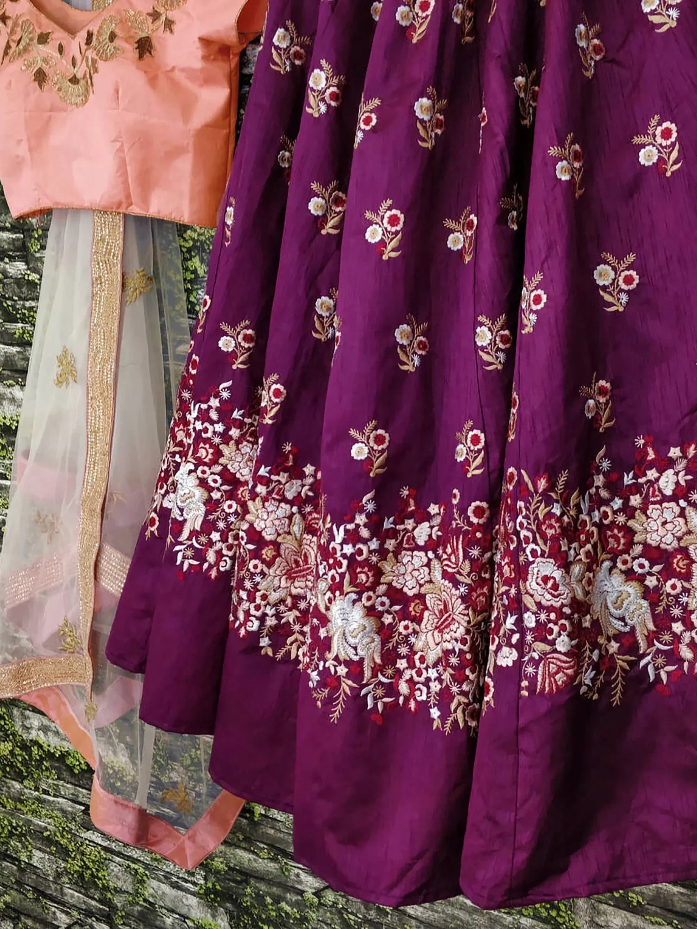 Purple floral embroidered lehenga choli with peach blouse, Indian ethnic wear