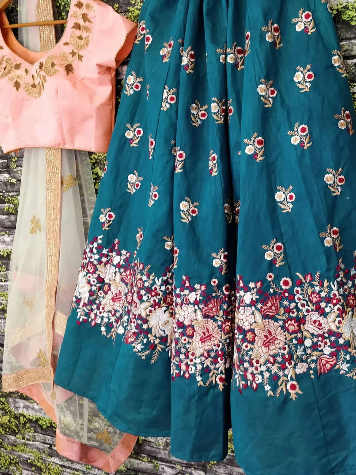 Teal floral embroidered lehenga with pink blouse, Indian ethnic wear for women