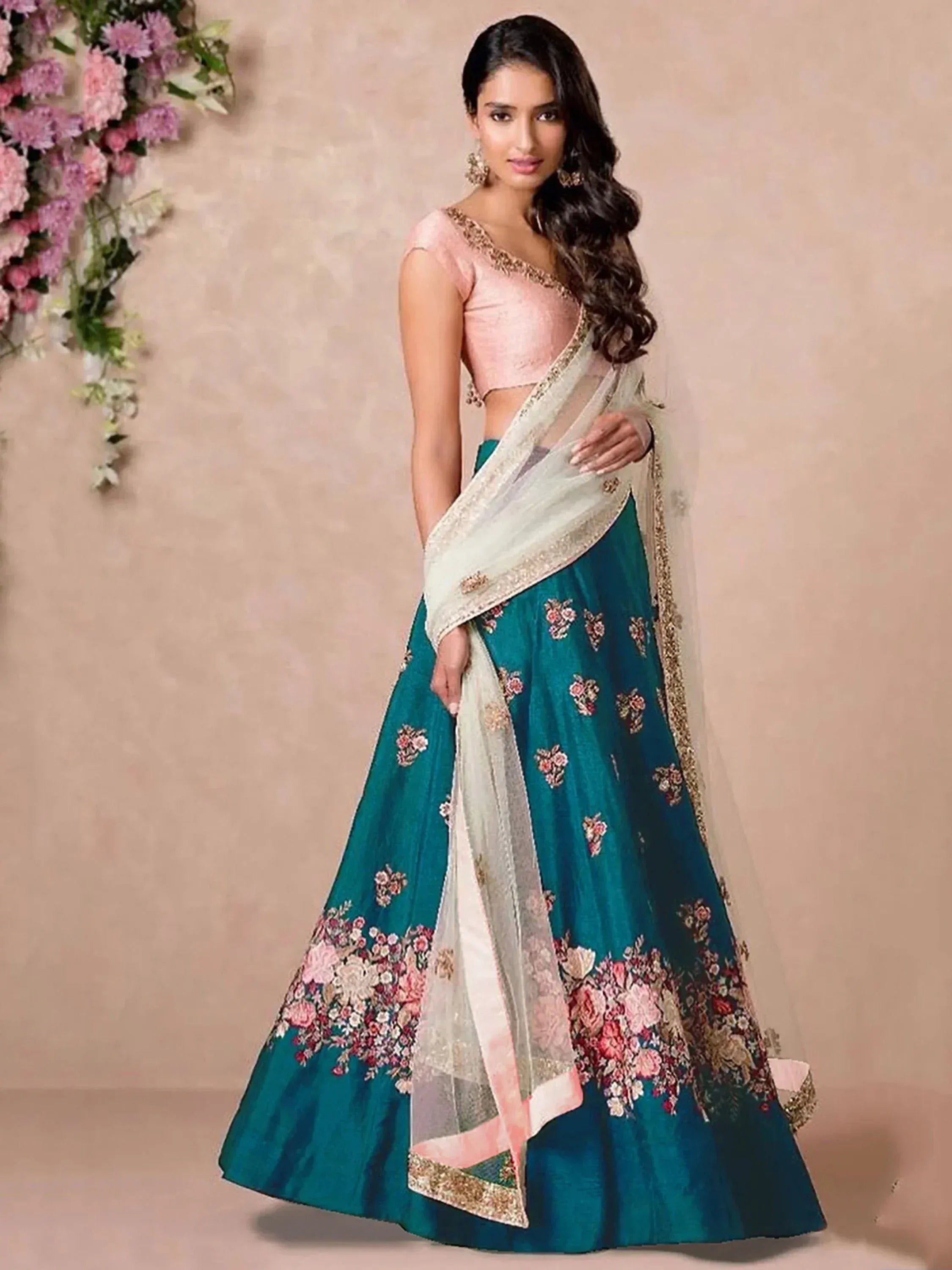 Teal floral lehenga choli with pink blouse and sheer dupatta, Indian ethnic wear