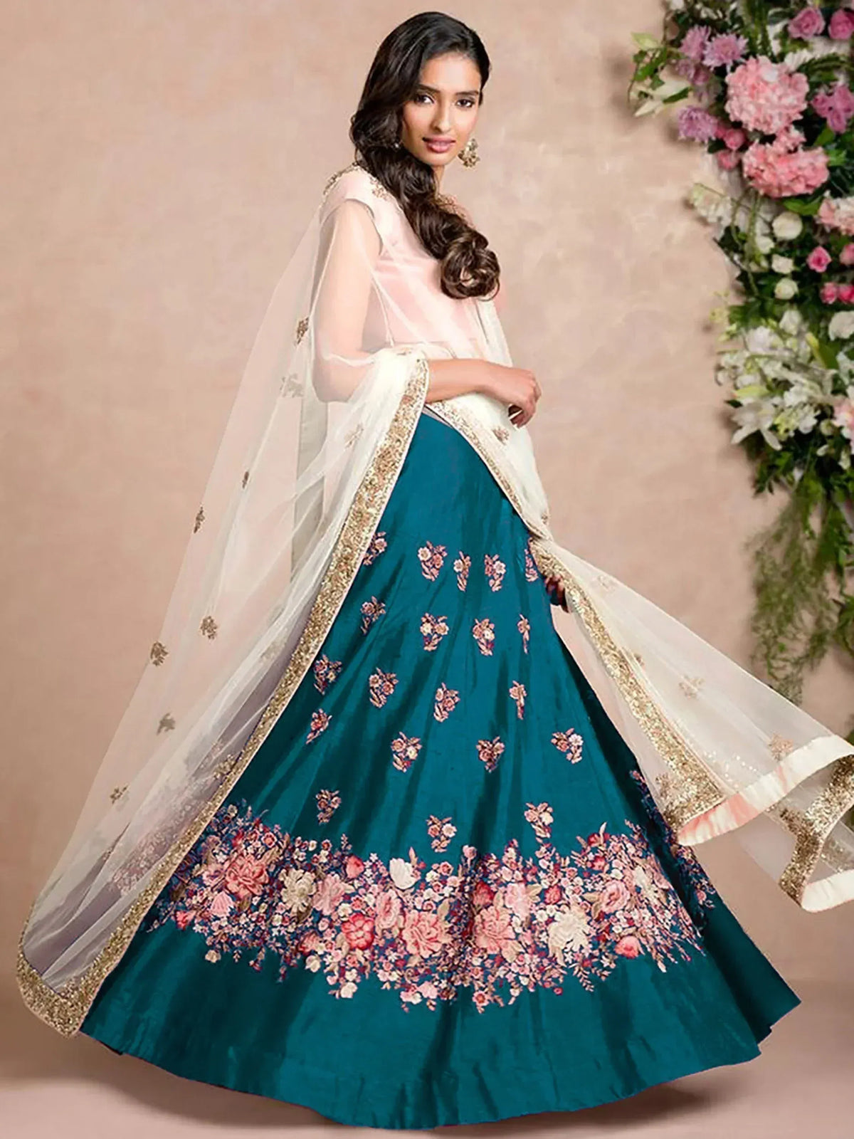 Teal floral embroidered lehenga choli with sheer dupatta, Indian ethnic wear for weddings