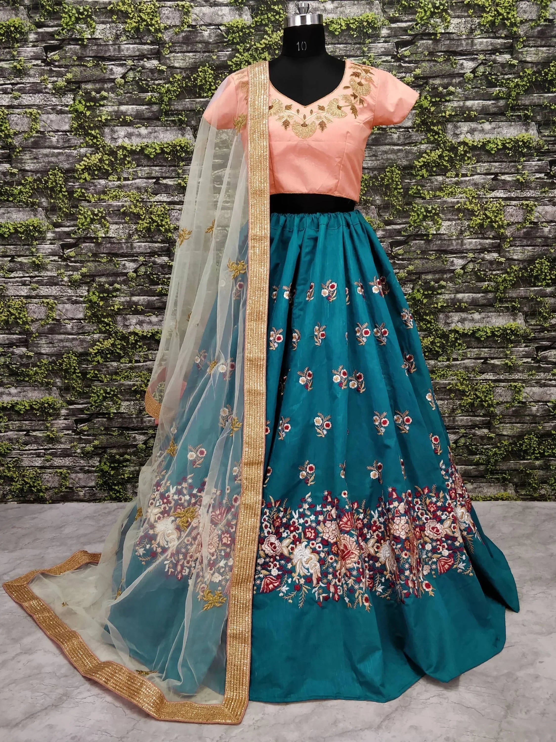 Teal embroidered lehenga with peach blouse and sheer dupatta, Indian ethnic wear