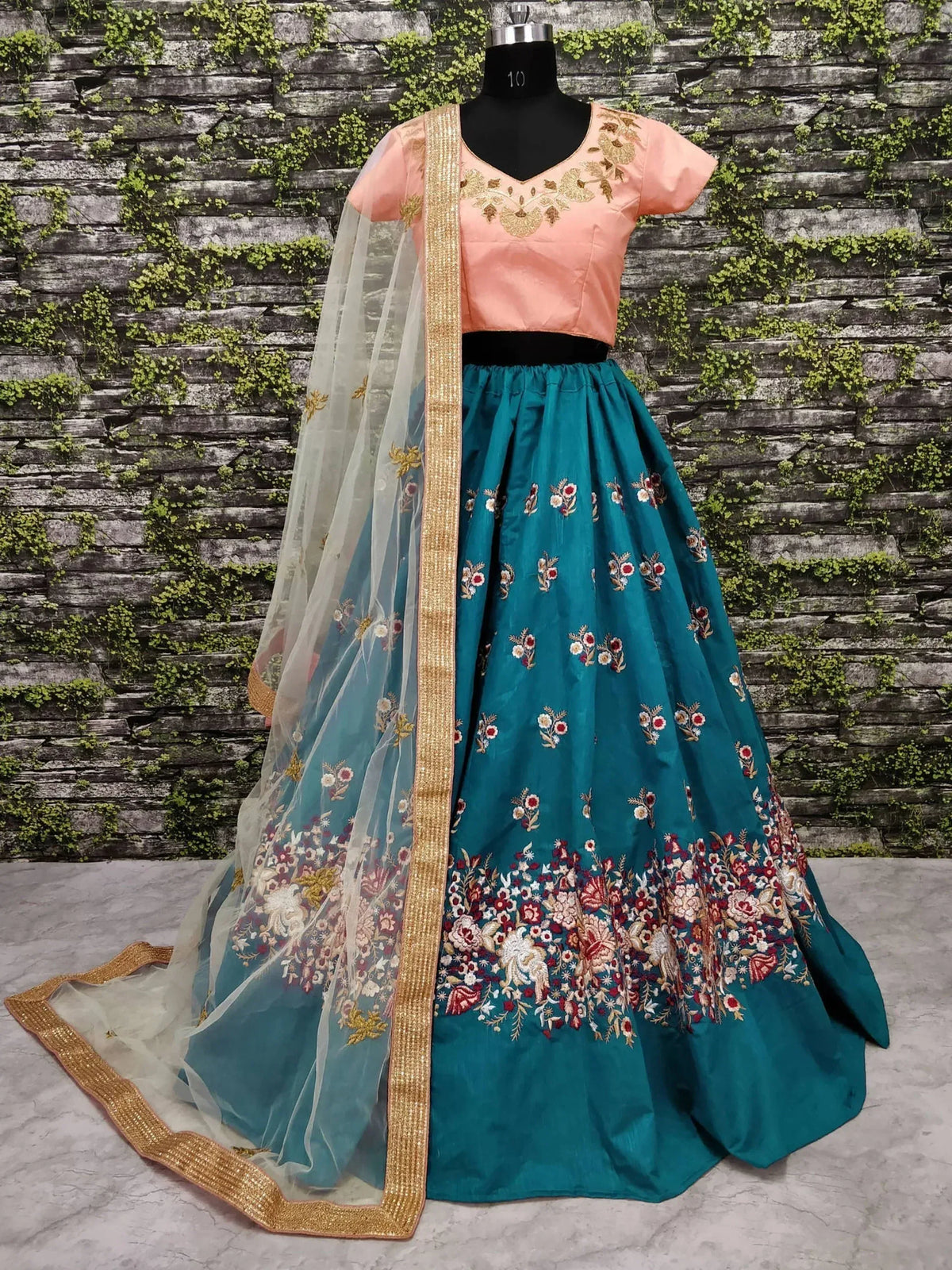 Teal embroidered lehenga with peach blouse and sheer dupatta, Indian ethnic wear