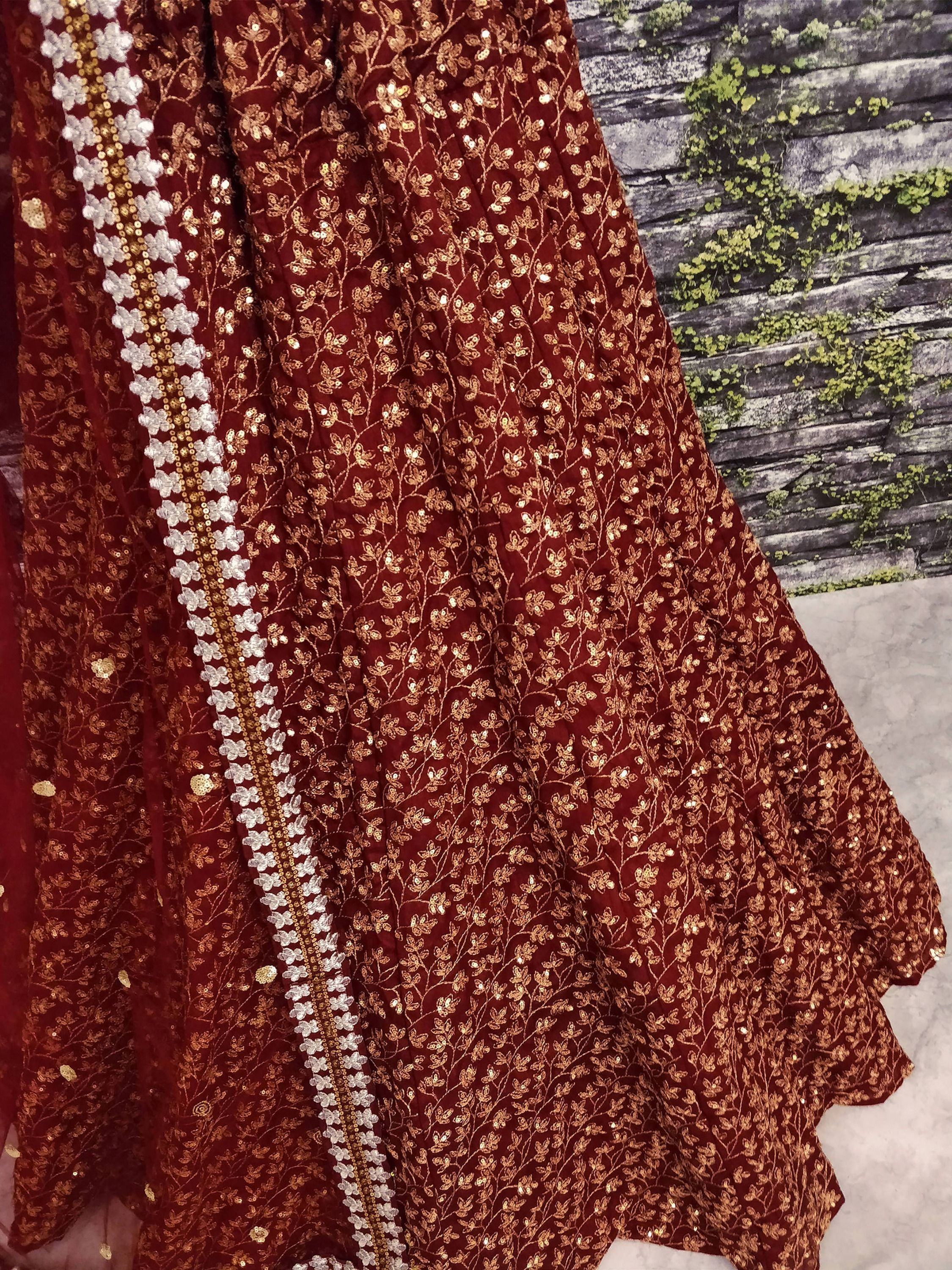 Maroon lehenga with gold floral embroidery and white sequin border, Indian ethnic wear