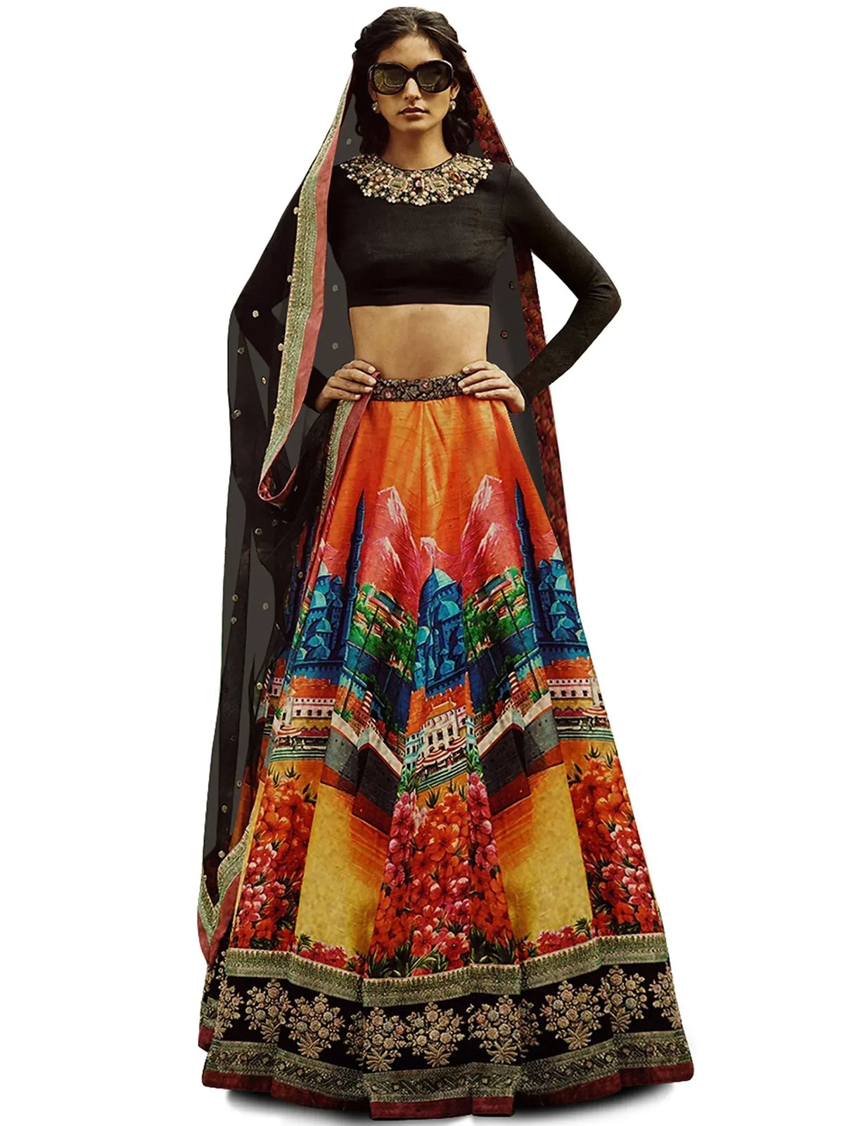 Black and orange printed lehenga choli with cityscape design, ethnic wear for women