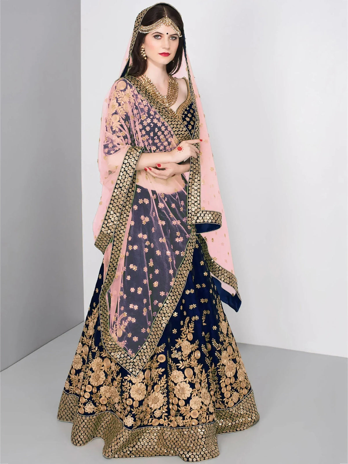 Navy blue and gold embroidered lehenga choli with pink dupatta, Indian ethnic wear for weddings