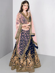 Blue Embroidered Velvet Wedding Lehenga Choli With Dupatta