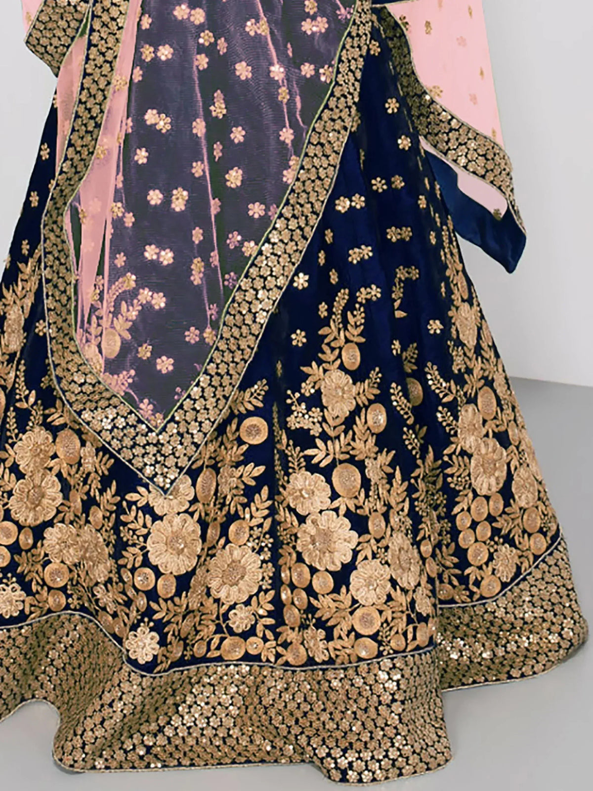 Navy blue designer lehenga choli with gold floral embroidery and pink dupatta, Indian ethnic wear