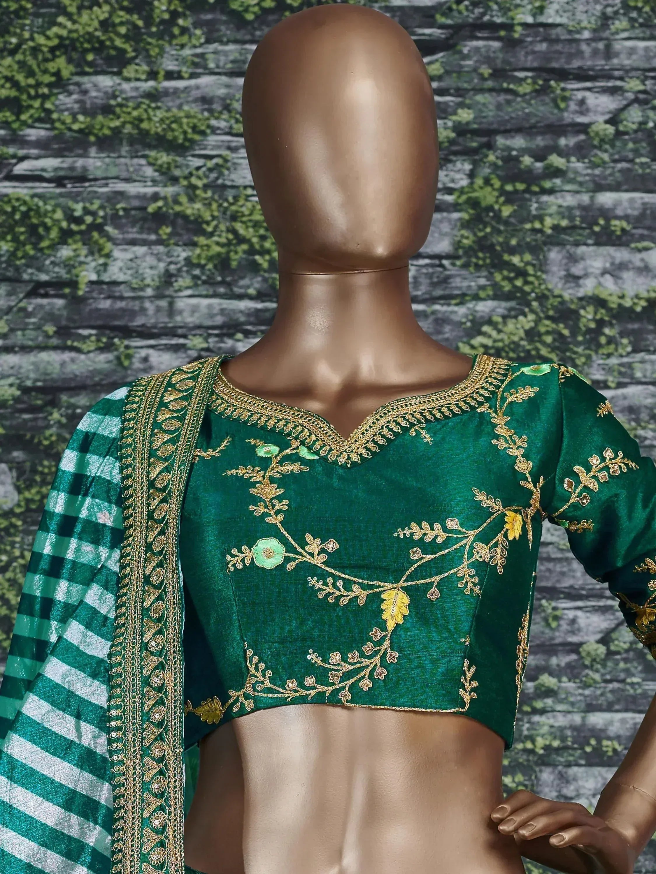 Emerald green embroidered blouse with gold floral work and checkered dupatta, Indian ethnic wear