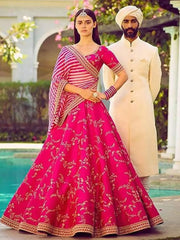 Pink Embroidery Mulberry Silk Wedding Lehenga Choli