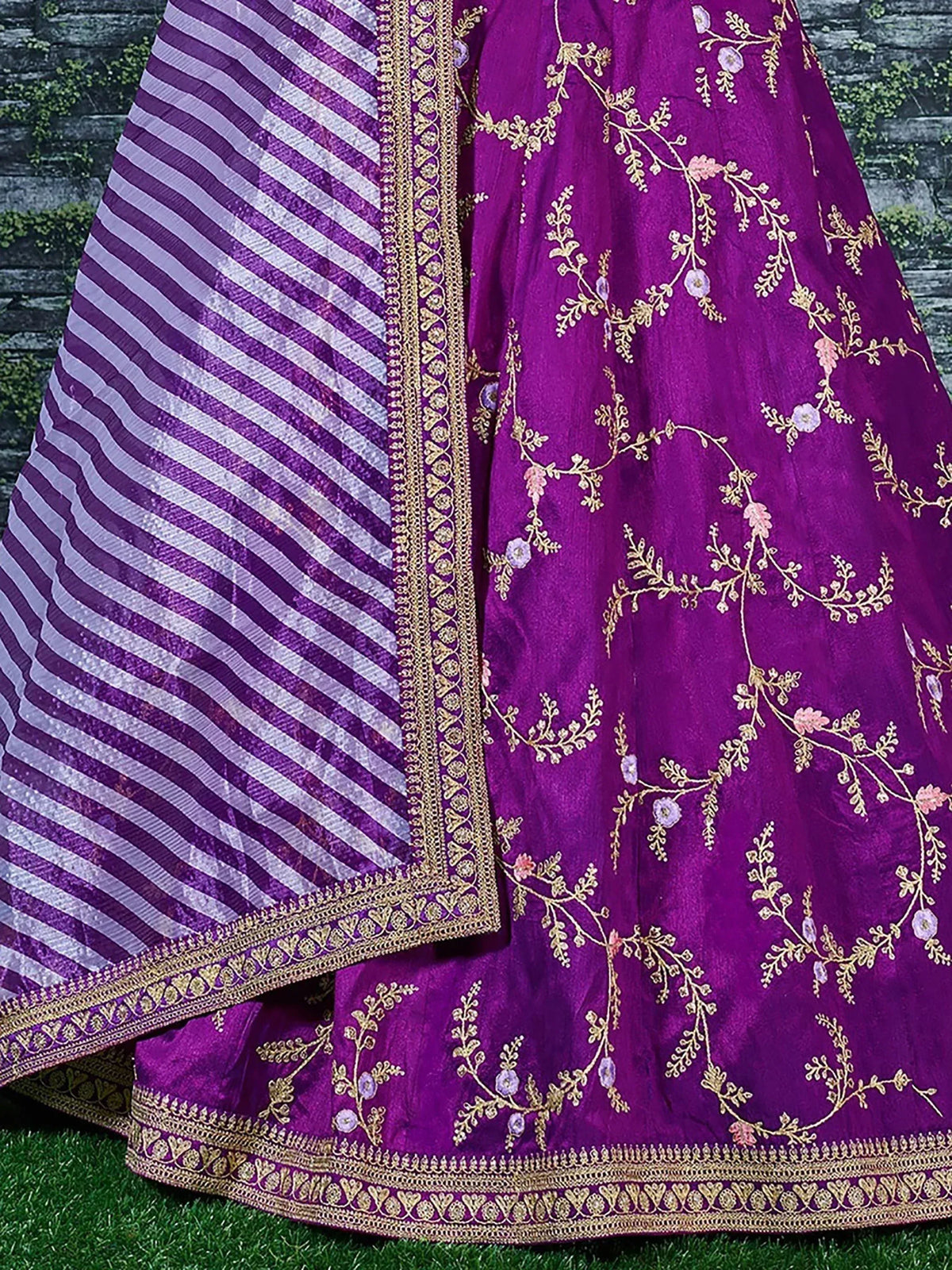 Purple lehenga with gold floral embroidery and striped dupatta, Indian ethnic wear