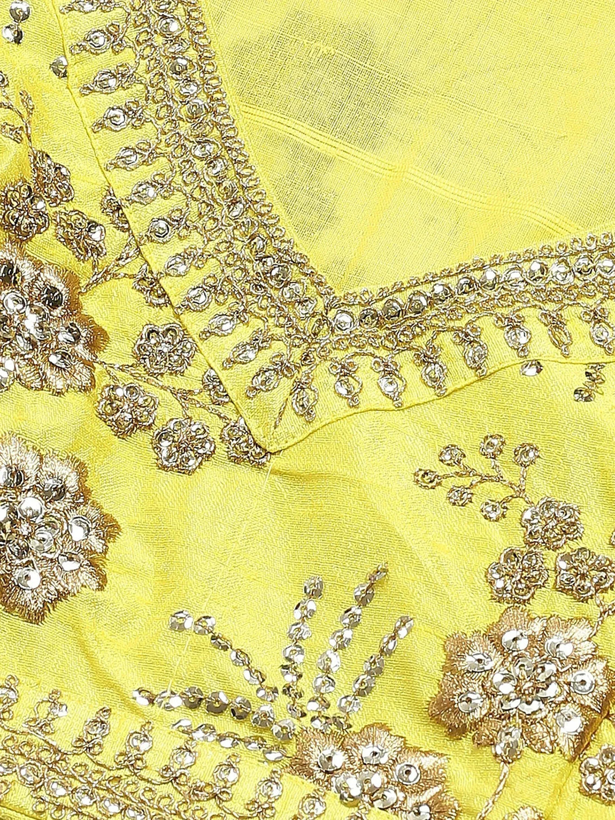 Yellow ethnic wear with intricate gold and silver floral embroidery and beadwork detail