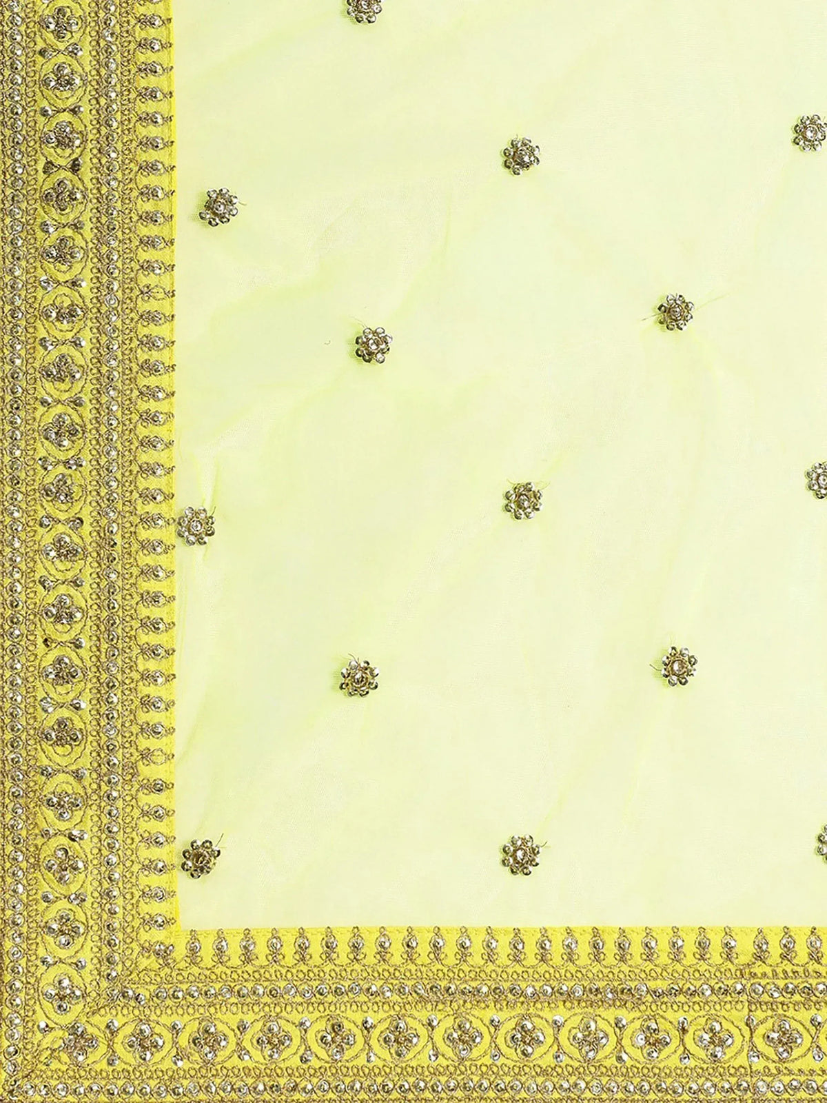 Yellow ethnic dupatta with floral sequin embroidery and ornate border for Indian wear